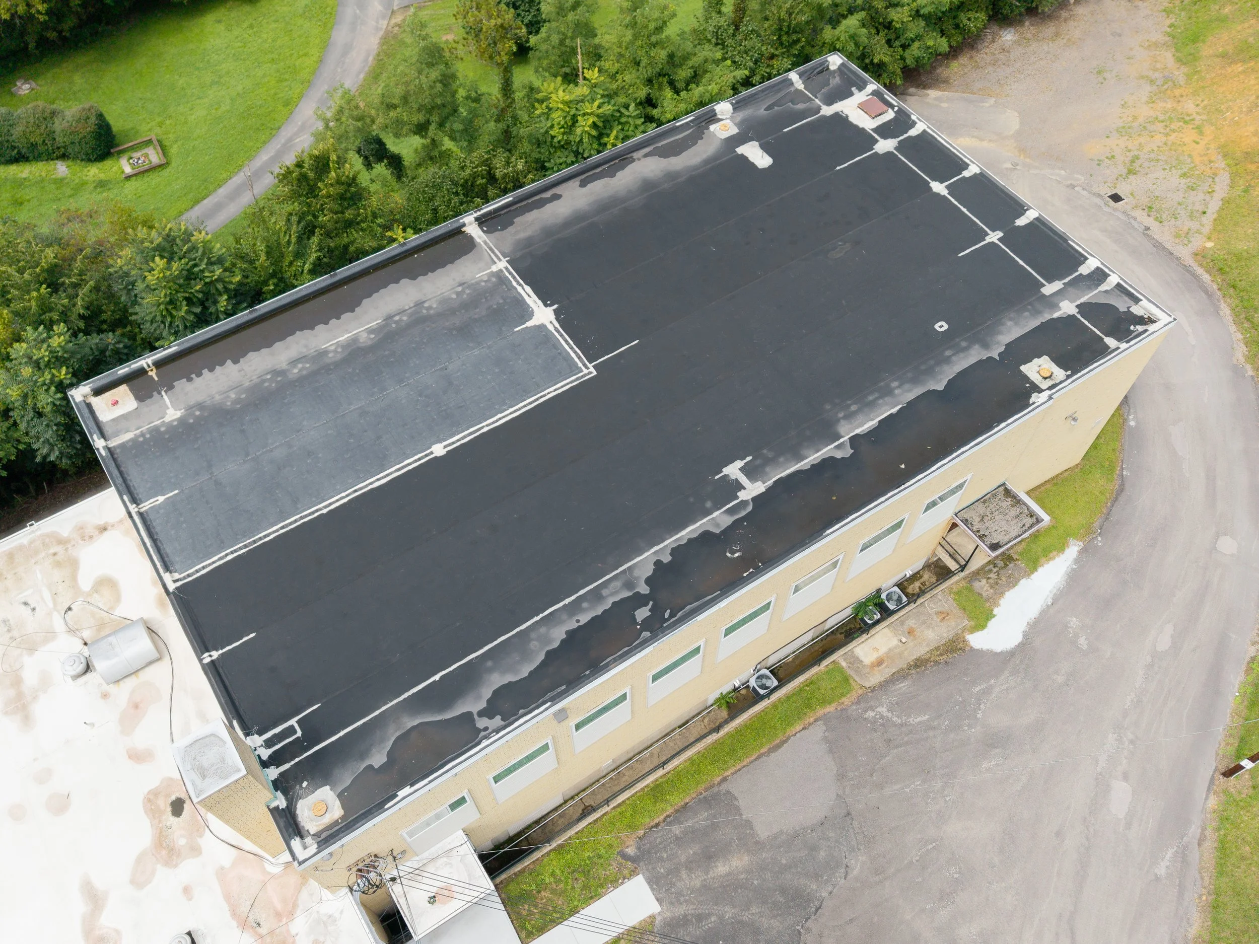  Drone image of Rubber roofing on commercial gymnasium inspection in Morgantown, WV.  