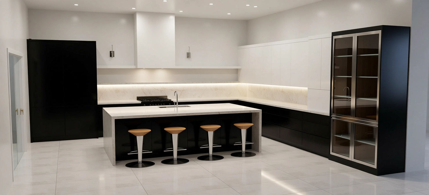 Modern kitchen with black and white cabinetry, marble countertops, a kitchen island with five wooden stools, a built-in oven, and a glass-front cabinet.