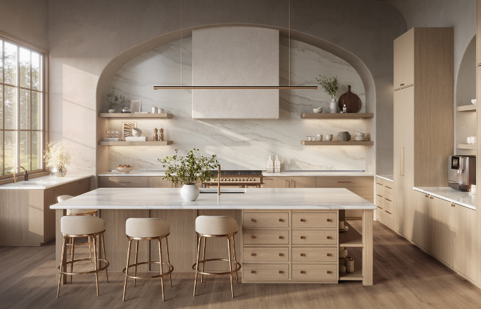Modern kitchen with white island, three beige barstools, open shelves with dishes and plants, large window, and neutral color palette.