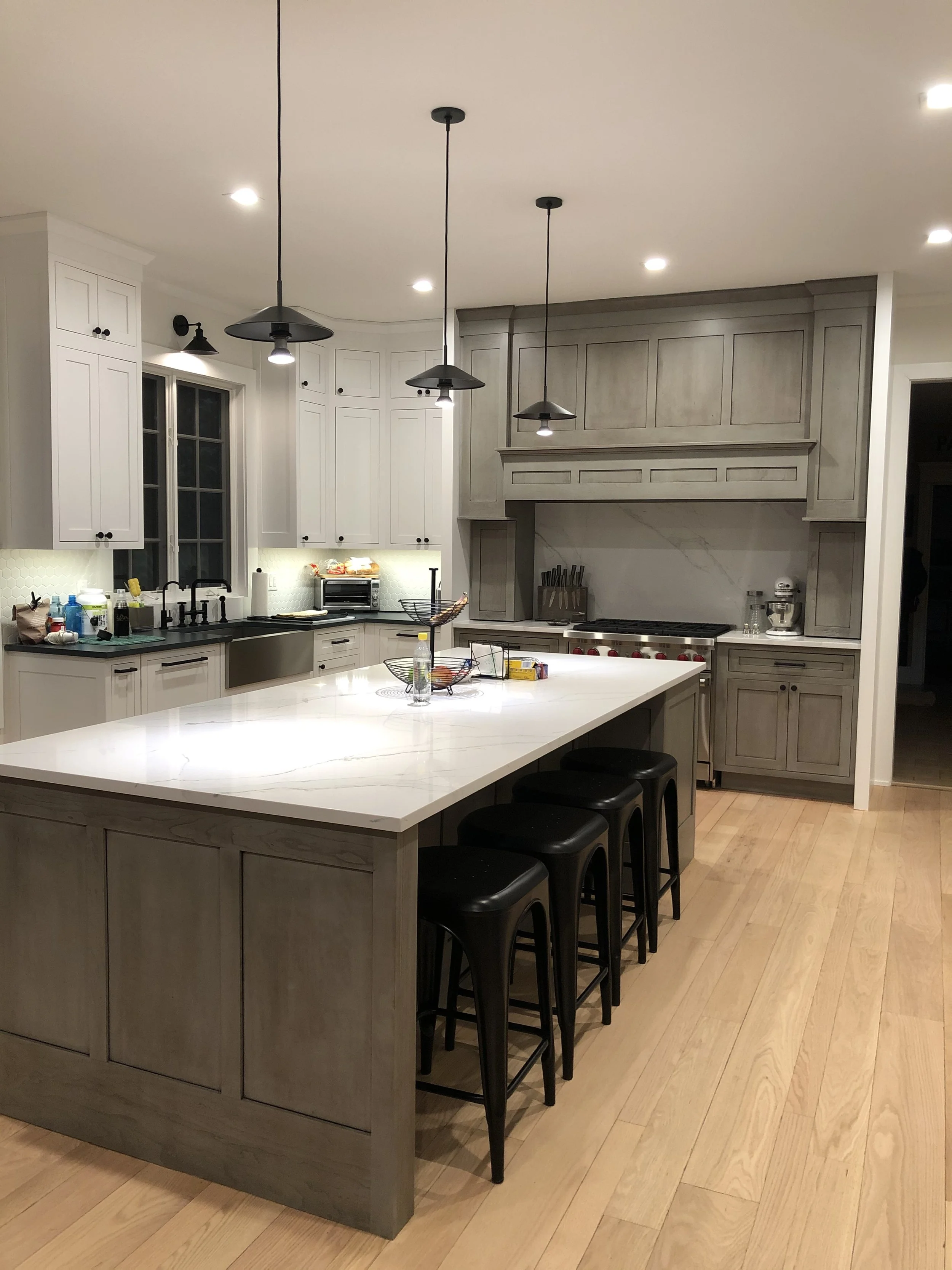 gray kitchen in palm beach with whtie quartz countertops