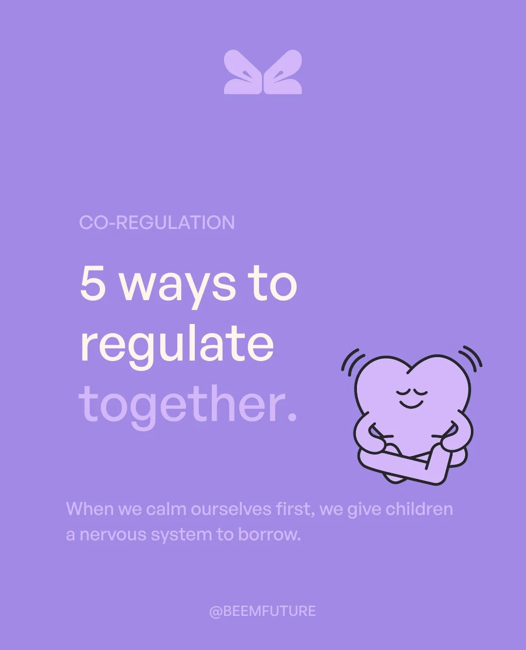 Co-regulation isn't a technique. It's a relationship. 🦋⁠
⁠
When a child is overwhelmed, they don't need a lesson they need a calm nervous system nearby to borrow from.⁠
⁠
Here are 5 ways to regulate together (swipe to start) &rarr;⁠
⁠
Save this for 