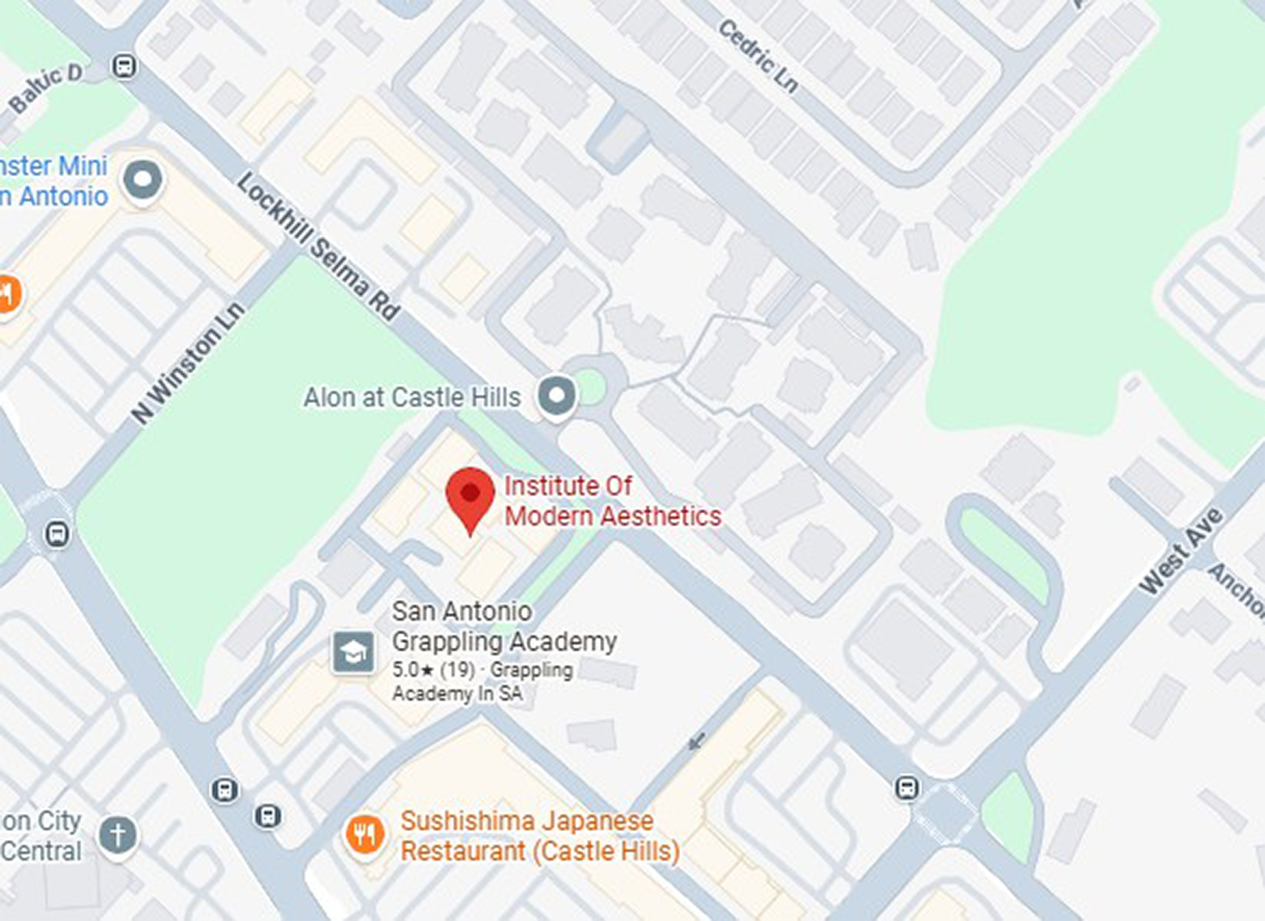 Map of San Antonio highlighting locations including the Institute of Modern Aesthetics, San Antonio Grappling Academy, and Sushi Japanese Restaurant in the Castle Hills area.