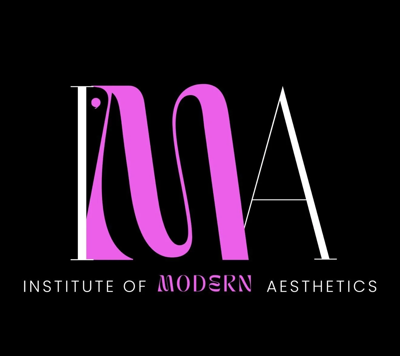 Logo for the Institute of Modern Aesthetics with the acronym 'IMA' in large stylized pink and white letters, and the name written underneath in smaller white and pink text on a black background.