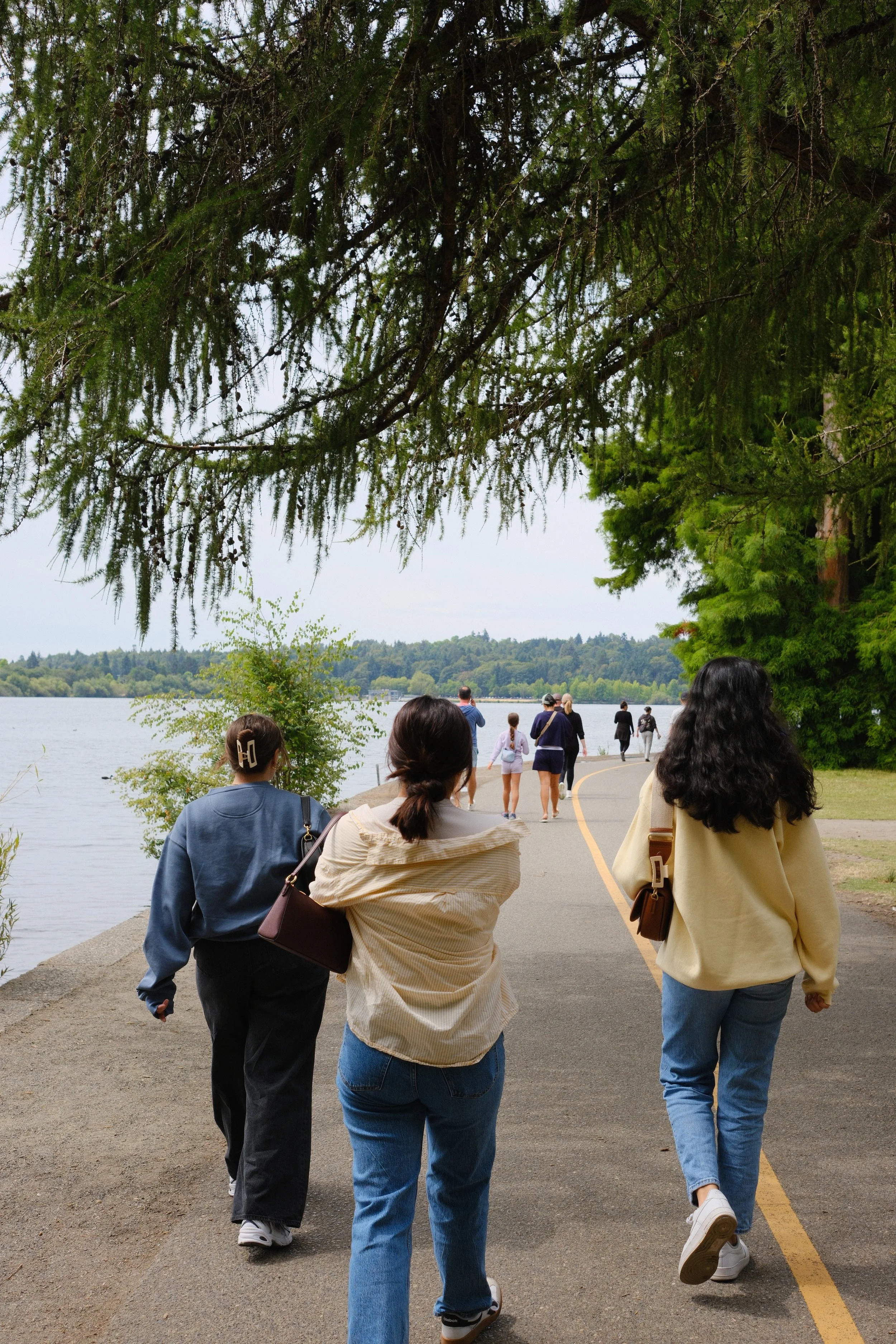 People walking along a lakeside pathway surrounded by trees.