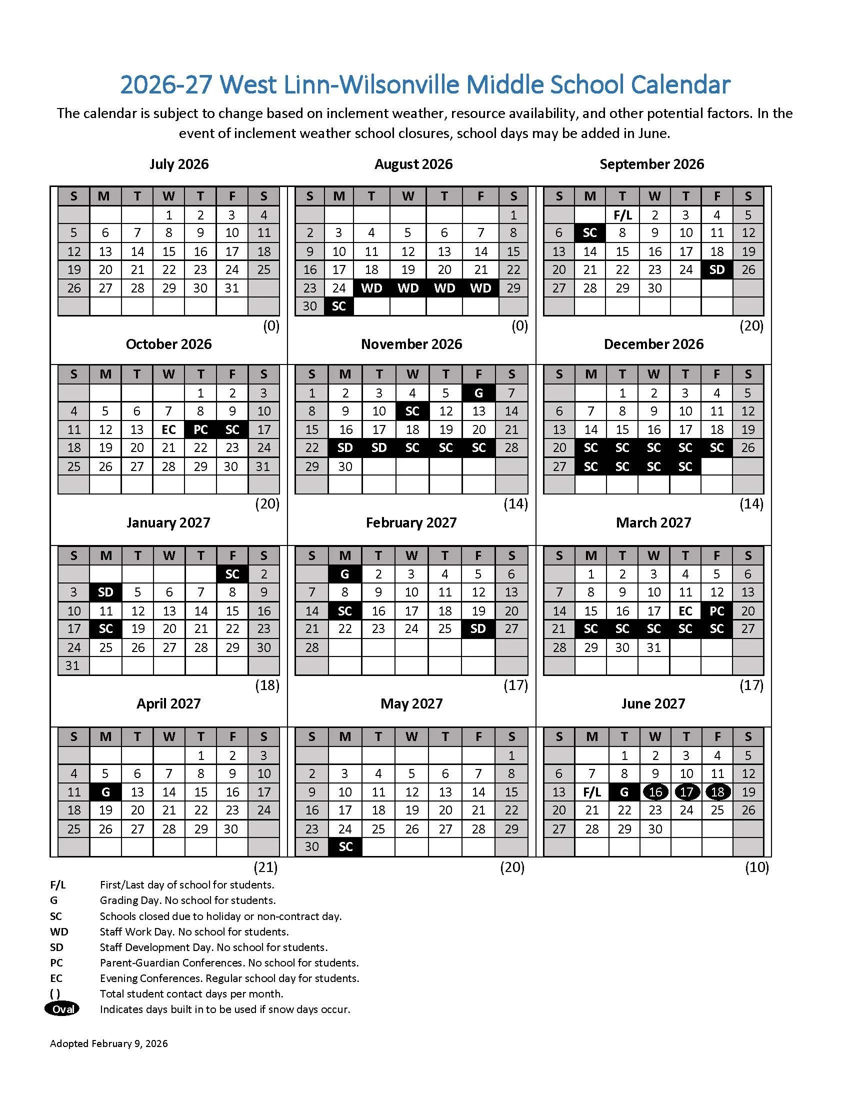2026-2027 Middle School Calendar