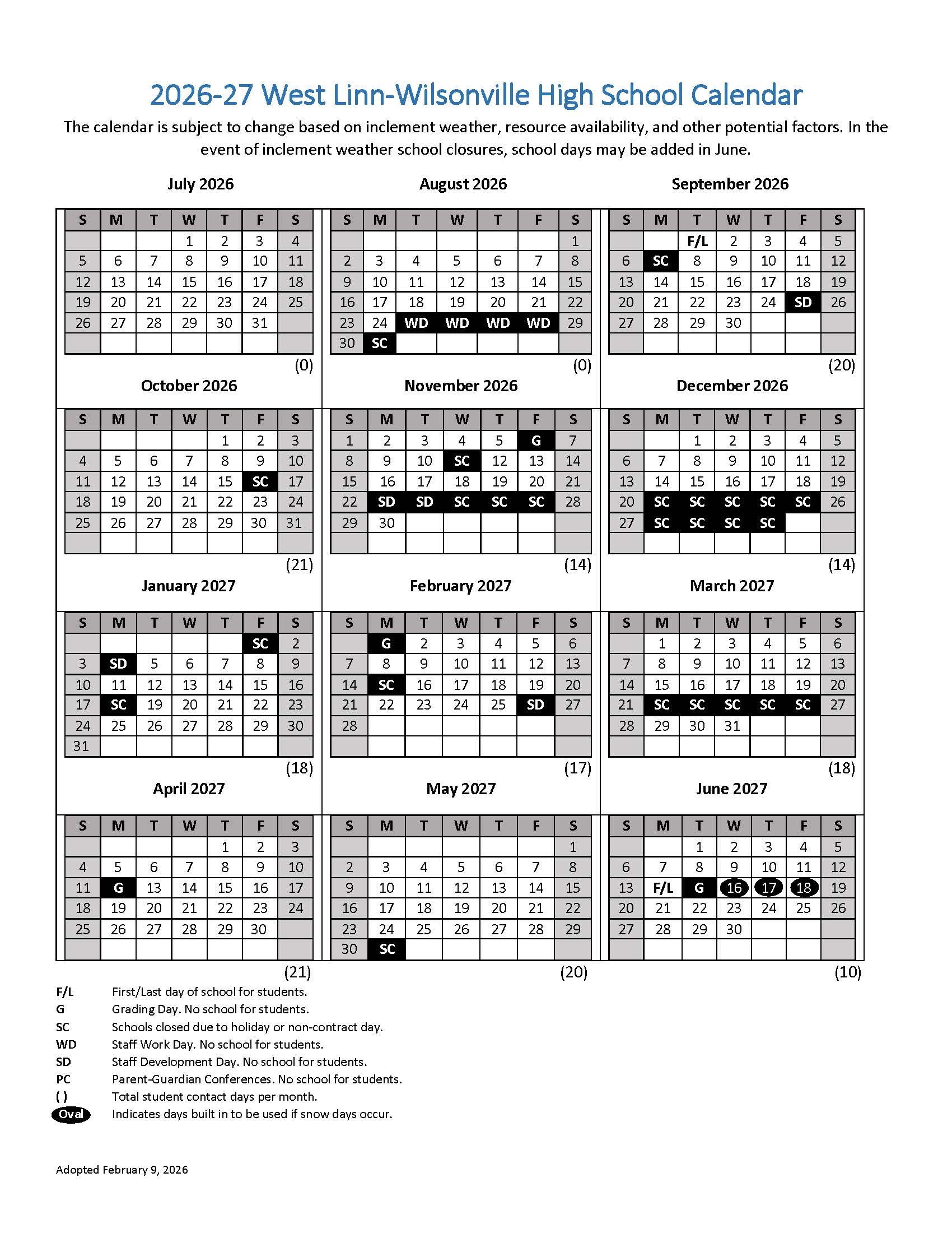2026-2027 High School Calendar