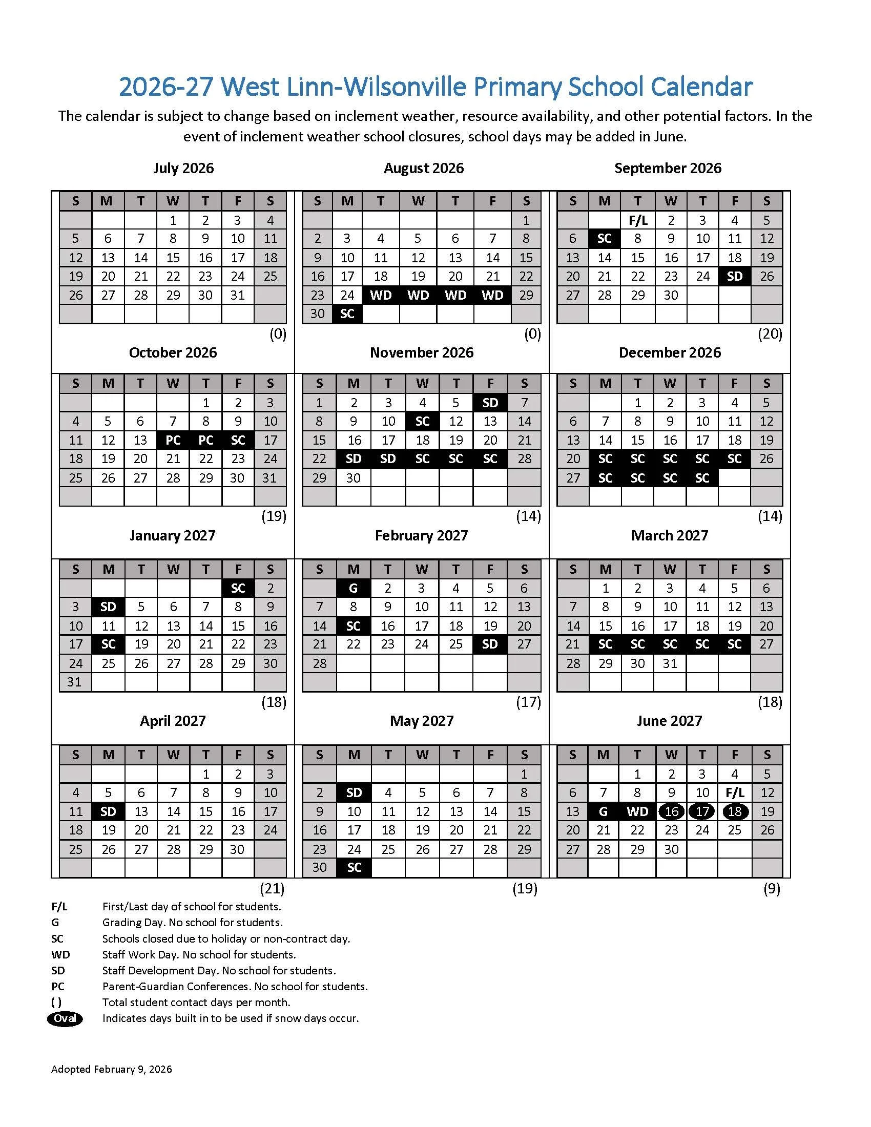 2026-2027 Primary Calendar