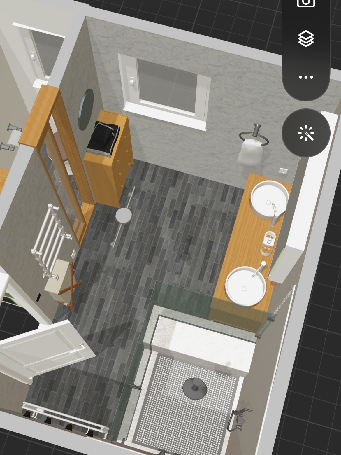 Bathroom redo in 3D

&bull; Quick test using the free 5D app
&bull; Quite intuitive and easy to use
&bull; Loved playing with layouts, materials and all the little details
&bull; Such a great way to visualise a renovation before starting

Just a test