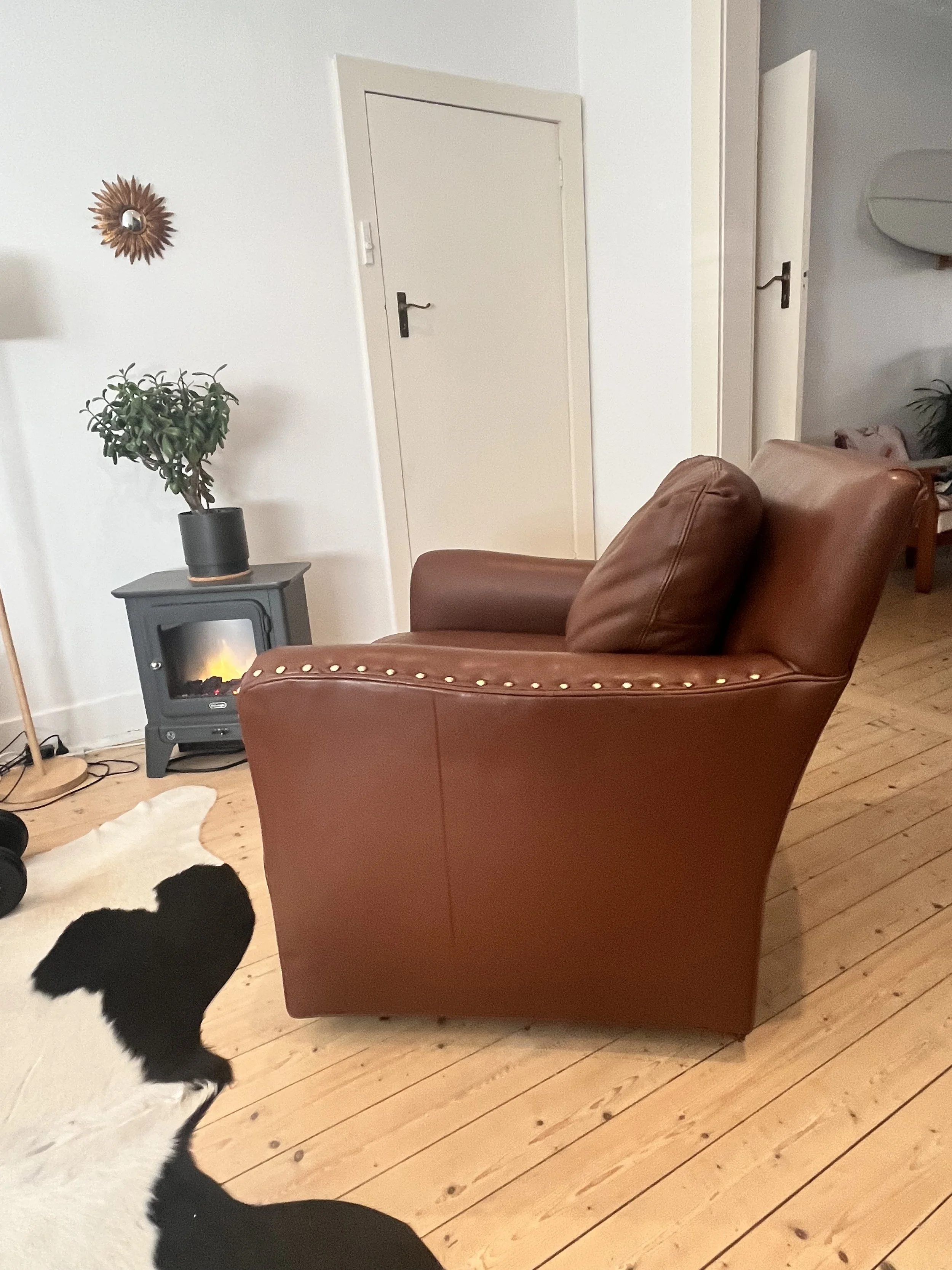 Living room with a brown leather armchair, wooden floor, black and white rug, decorative plant on a stand, wall clock, and closed white door.