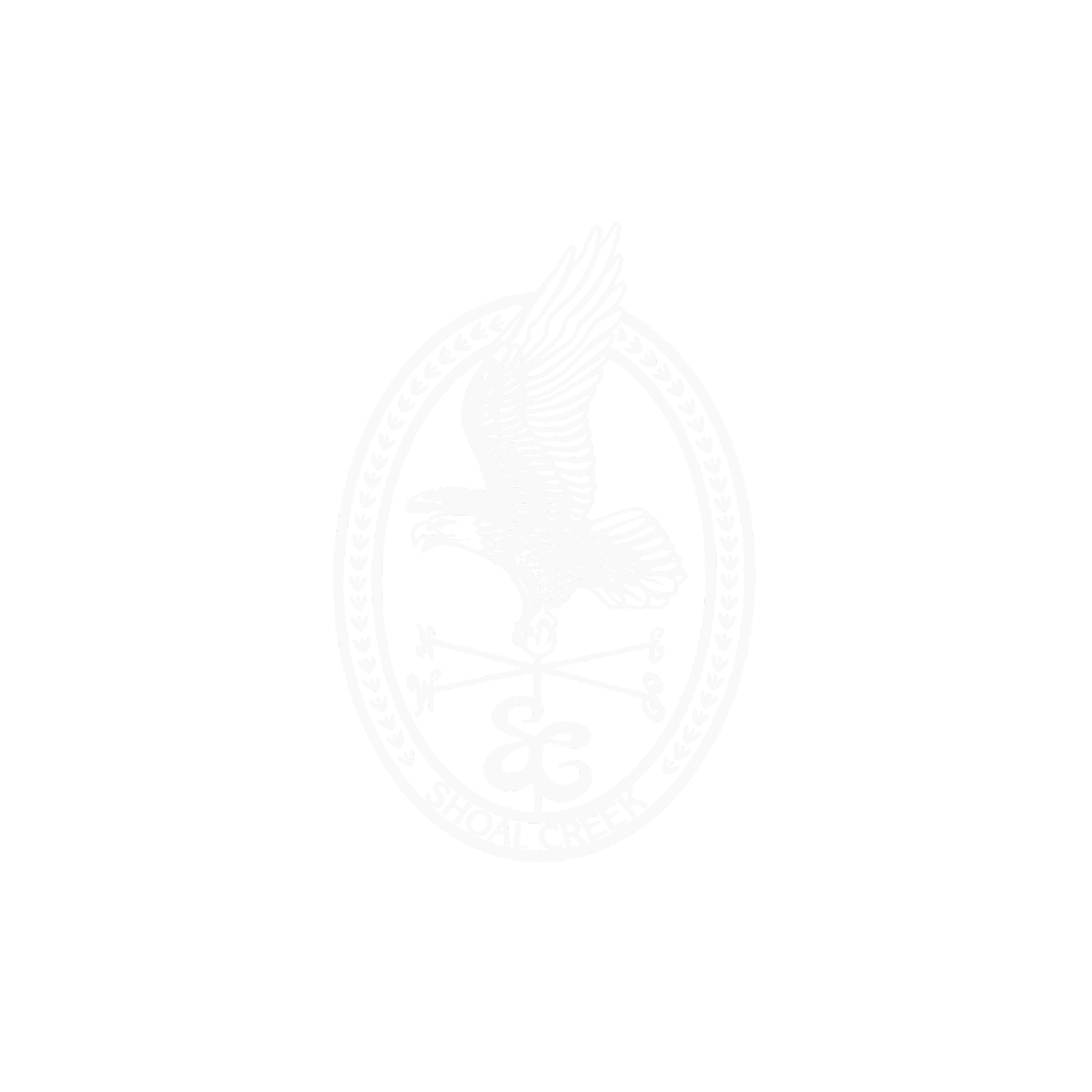 Black background with a white circular emblem featuring an eagle and oak leaves, and the words "Shoal Creek" and "SA".