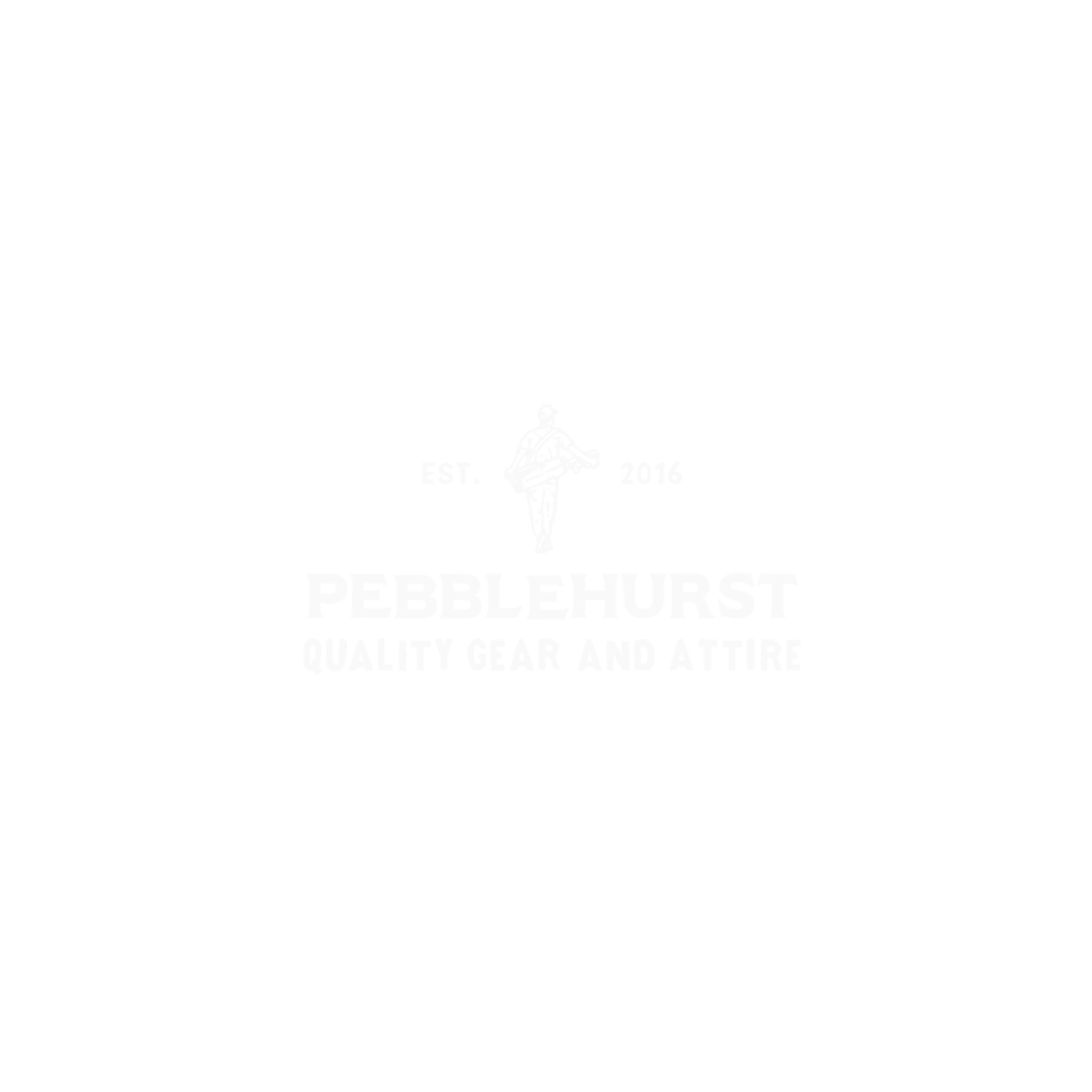 Black and white logo featuring a stylized person sitting cross-legged with their arms resting on their knees, surrounded by a circular shape. Text below reads "PEBBLEHURST" and "QUALITY GEAR AND ATTIRE," with the establishment year, 2016, on either s