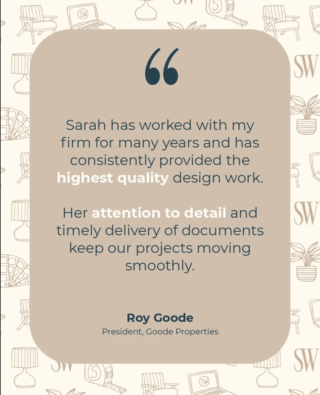 I&rsquo;ve had the pleasure of working with Roy Goode and Goode Properties on a number of projects over the years, most recently on the renovation of 725 Providence Road.

I believe great design is about more than creating beautiful spaces - it&rsquo