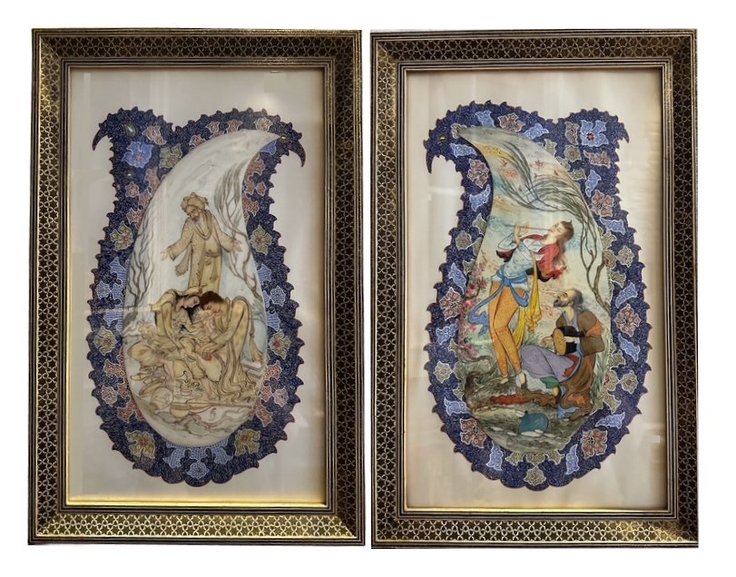 Rare Signed Persian Painting of Romeo & Juliet – Handcrafted Miniature on Paisley Design Bone with Khatam Inlaid Frame, Inspired by Omar Khayyam's Rubaiyat
