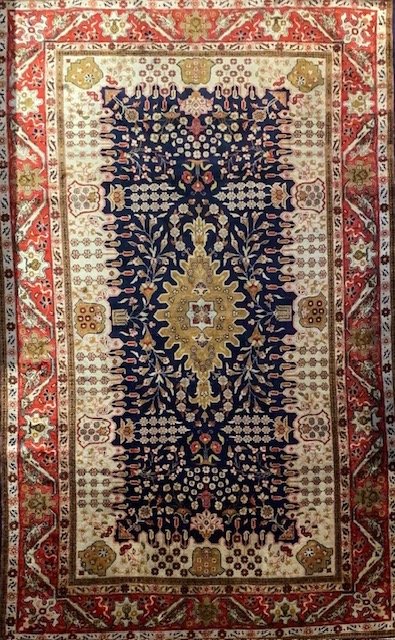 Authentic 19th Century Antique Handwoven Tabriz Pure Silk Rug - Navy Blue with Center Medallion