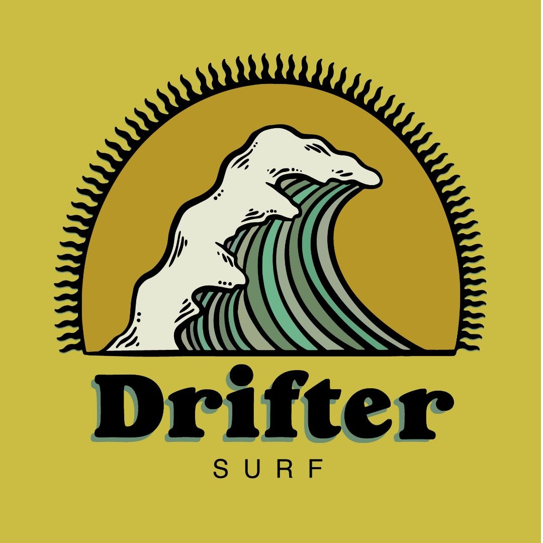Logo with stylized ocean wave, sunburst design, and the text 'Drifter Surf' on a green background.