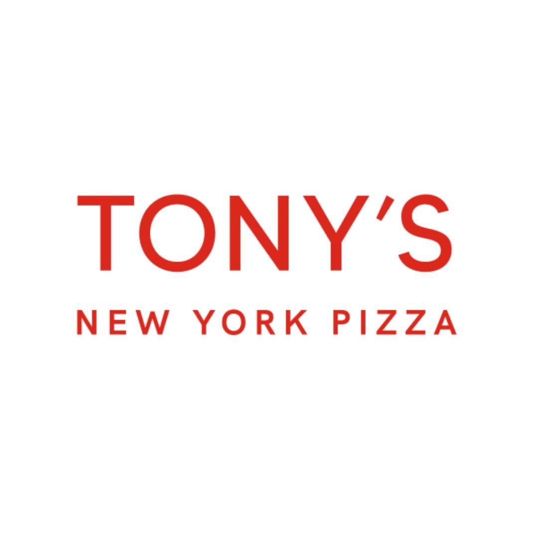Tony's New York Pizza logo with red text on a white background.