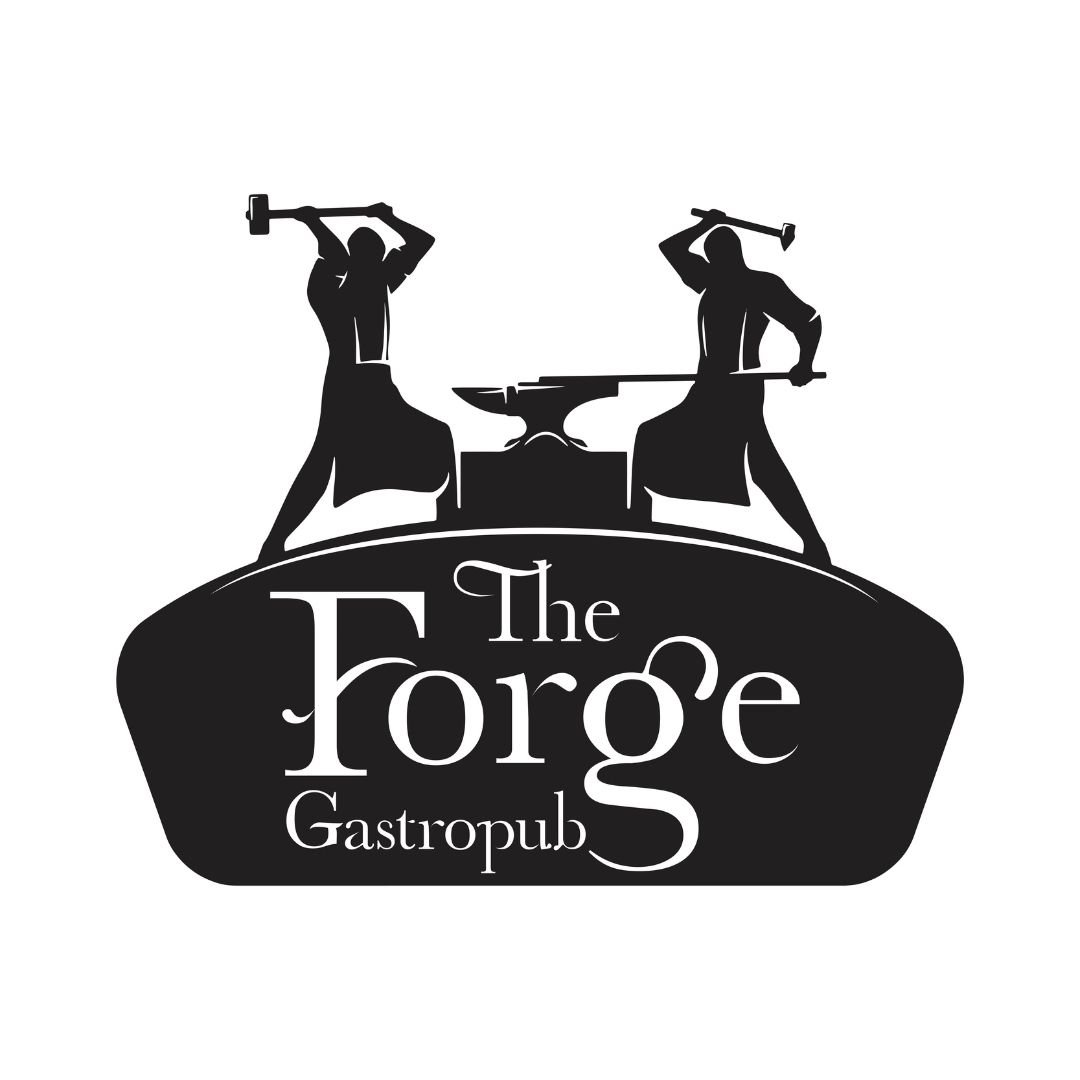 Silhouette logo of two blacksmiths working at an anvil with text "The Forge Gastropub."