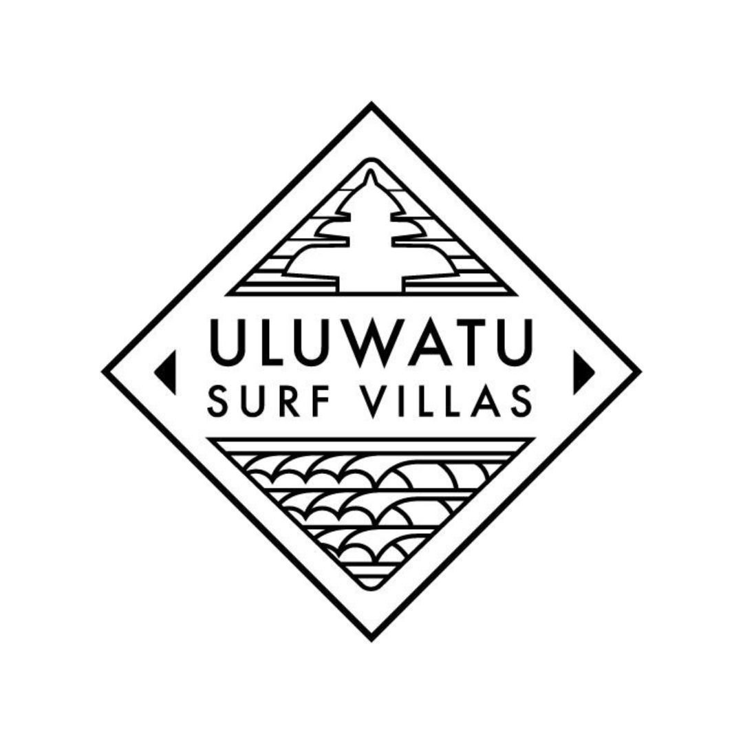 Logo of Uluwatu Surf Villas featuring a stylized pagoda and waves within a diamond shape.