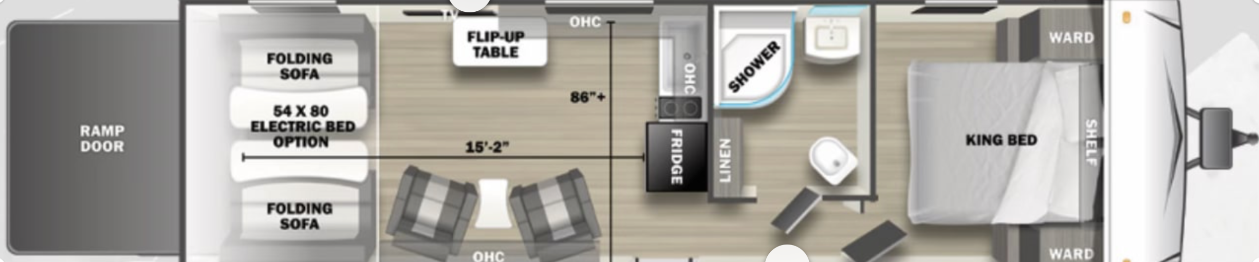 Floor plan of a camper or RV showing a ramp door at the rear, a living area with folding sofas, a kitchen with a fridge, flip-up table, and a shower bathroom, and a bedroom with a king bed and wardrobe.