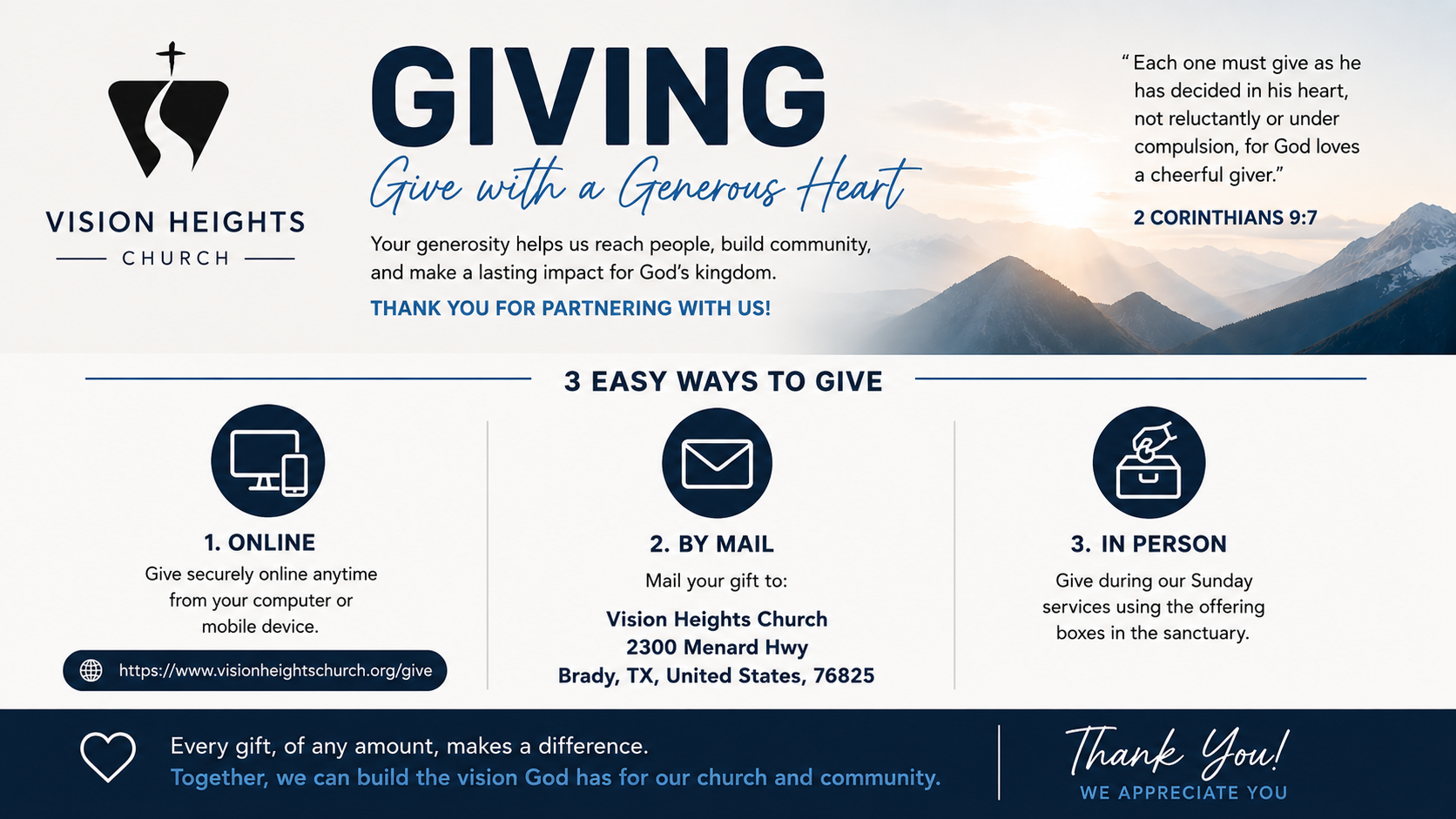 Flyer for Vision Heights Church promoting giving with a generous heart. Includes church logo, a mountain landscape background, and text about donations via online, mail, or in person. Ends with a thank you message.