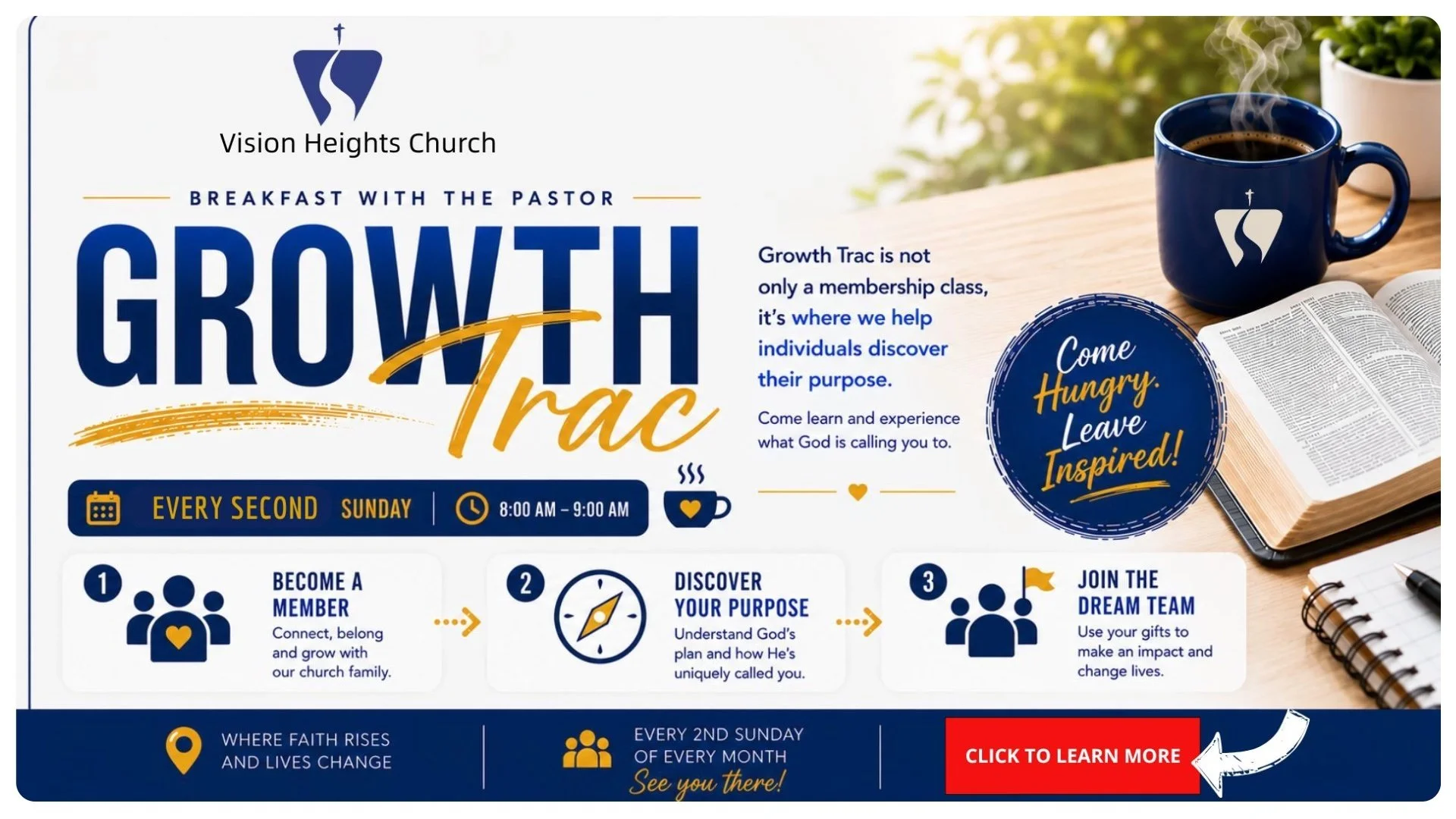 Flyer for Vision Heights Church promoting 'Breakfast with the Pastor' Growth Trac program every second Sunday from 8:00 am to 9:00 am. The flyer includes icons for calendar, clock, and coffee cup, with additional details about becoming a member, discovering purpose, and joining the dream team. The flyer features a cup of coffee, an open Bible, and a blue mug with the church logo, placed on a wooden table with plants in the background.