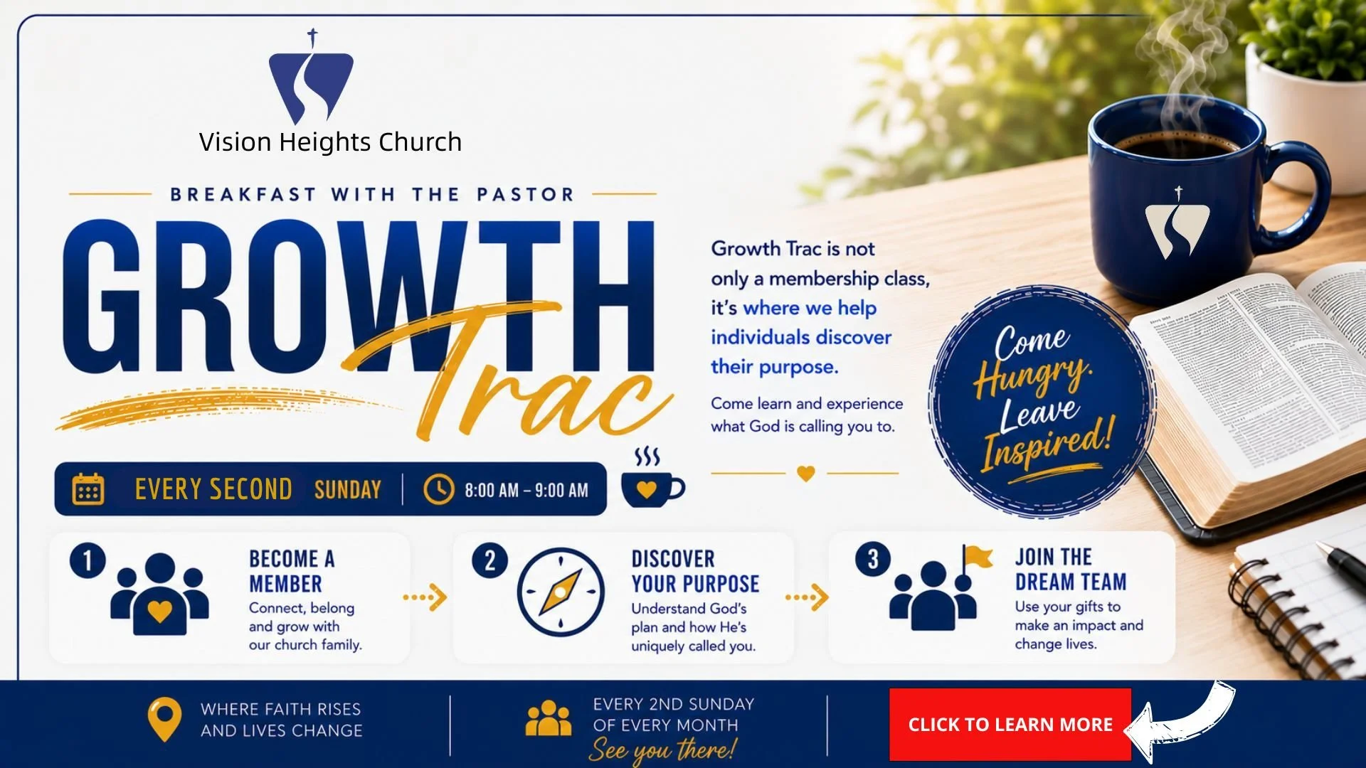 Flyer for Vision Heights Church's 'Growth Trac' program with information about weekly breakfast sessions, purpose discovery, and community involvement, featuring coffee, an open Bible, and a plant on a wooden table.