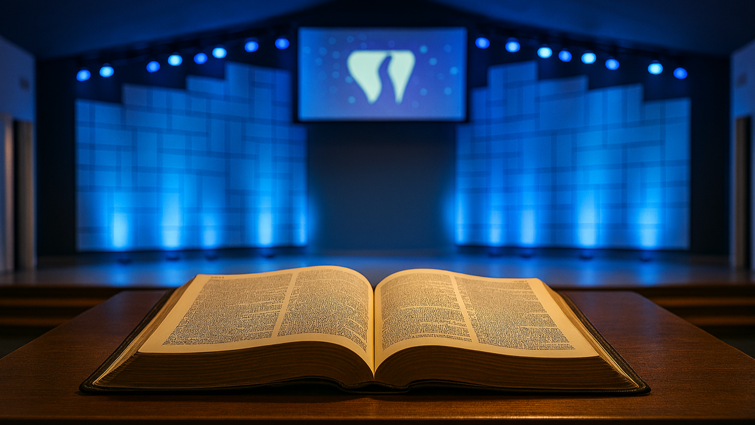 Open Bible on a wooden table in front of a blue-lit church stage with a screen displaying a church logo.