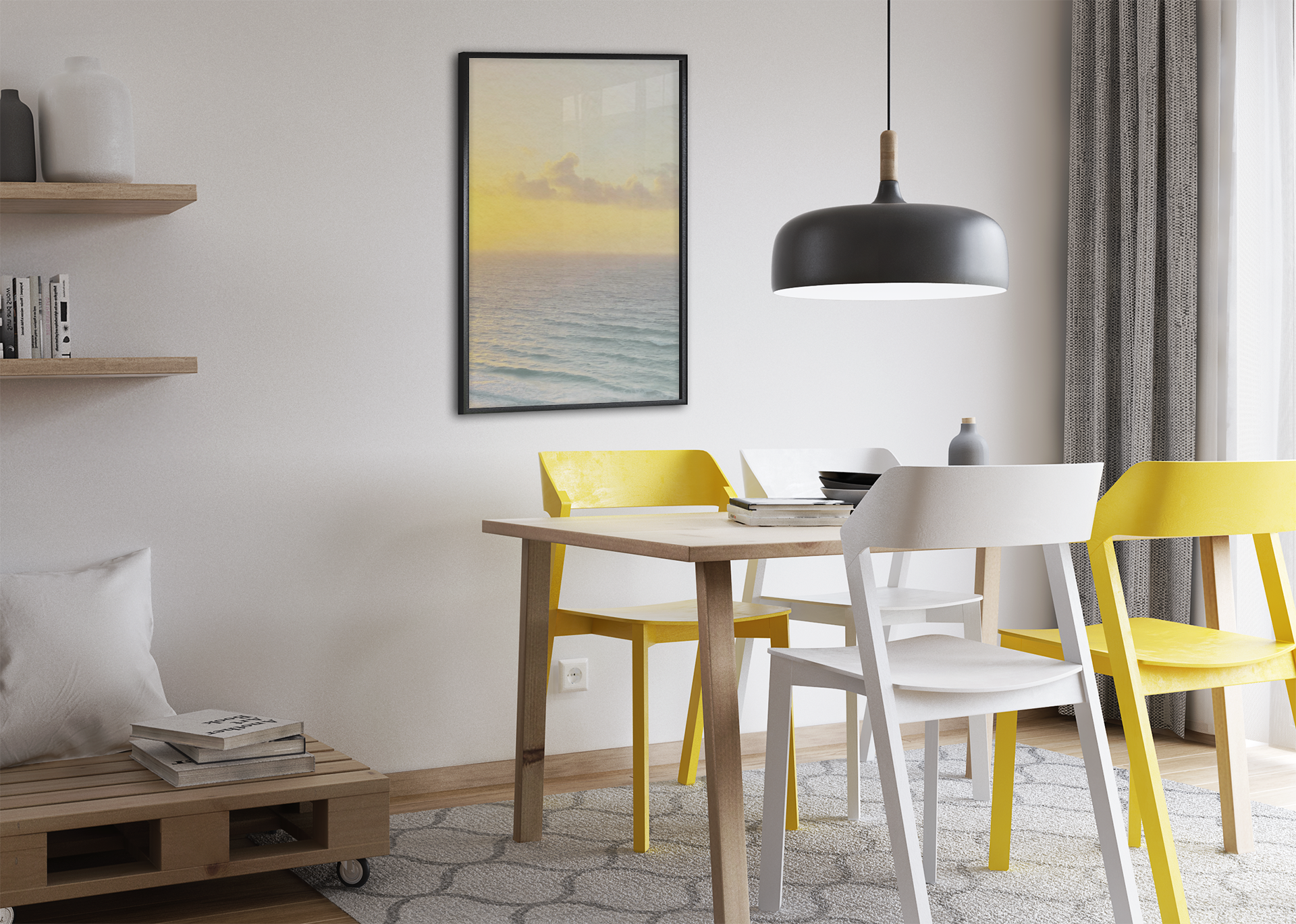 Modern living room with a stone fireplace, mounted flat-screen TV, and wall-mounted shelves with integrated lighting.