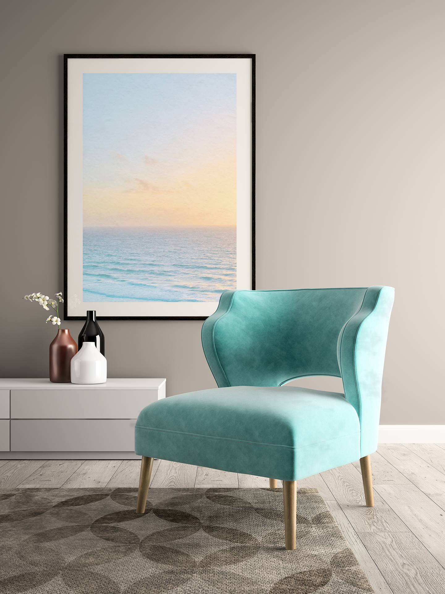 Modern bathroom featuring a white vanity with a marble countertop, black faucet, and black accessories, a round wall mirror, wall-mounted light fixture, a small window, framed artwork, a potted plant, and a toilet.