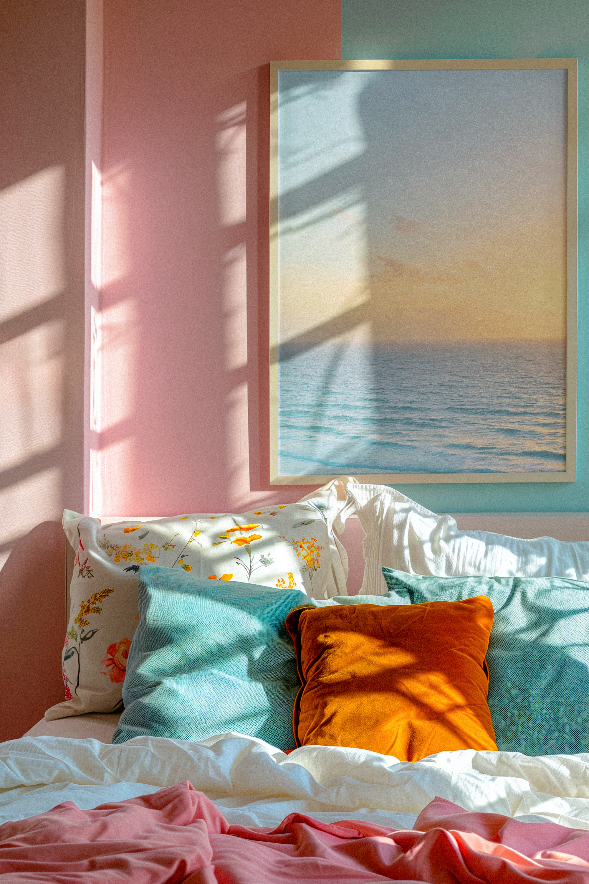 Modern kitchen with black cabinets, stone backsplash, floating shelves, a small refrigerator, and a window above the sink, illuminated by built-in lighting.