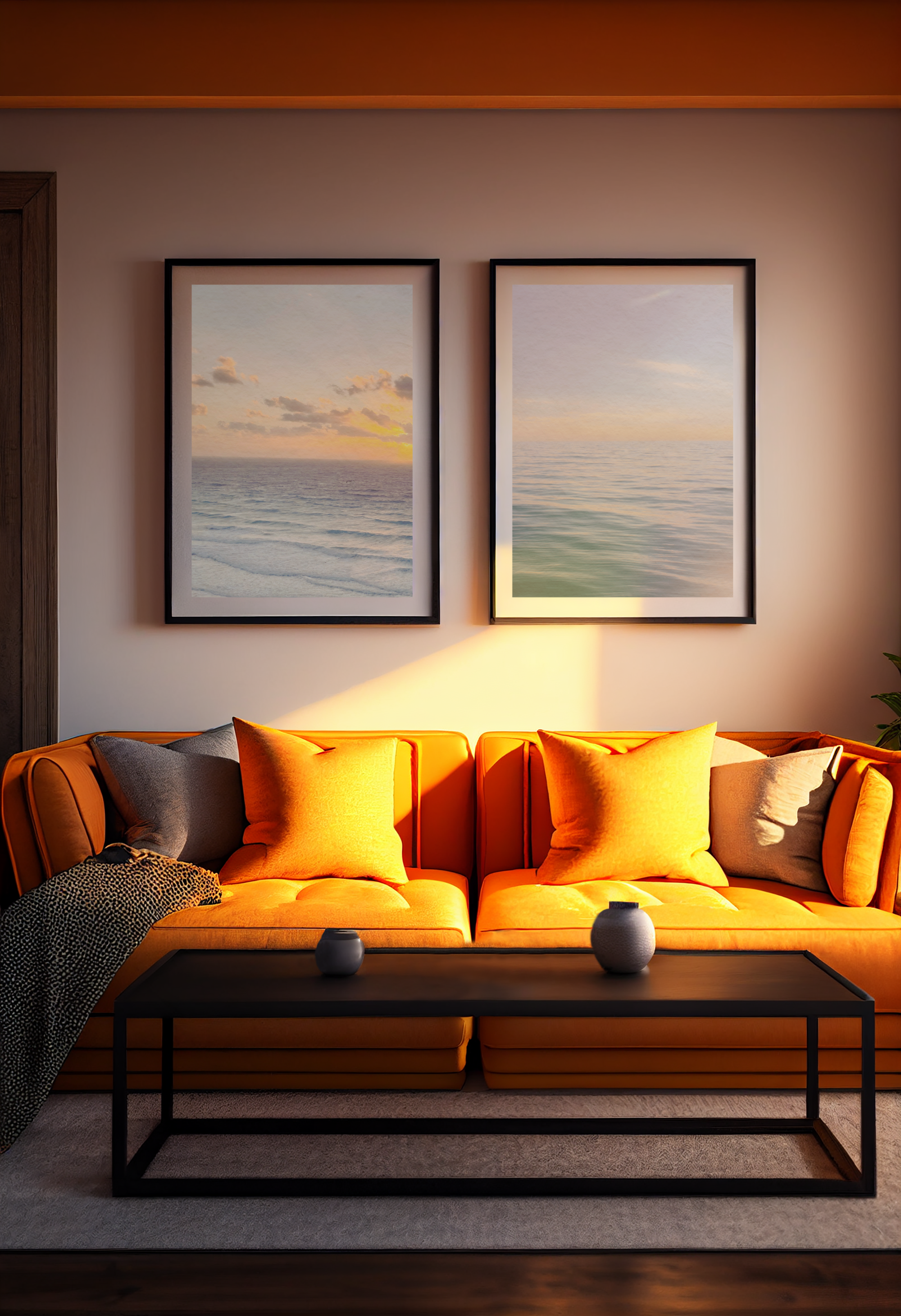 Living room with beige sofa, blue and white patterned rug, stone fireplace, dark blue curtains, and built-in white shelves.