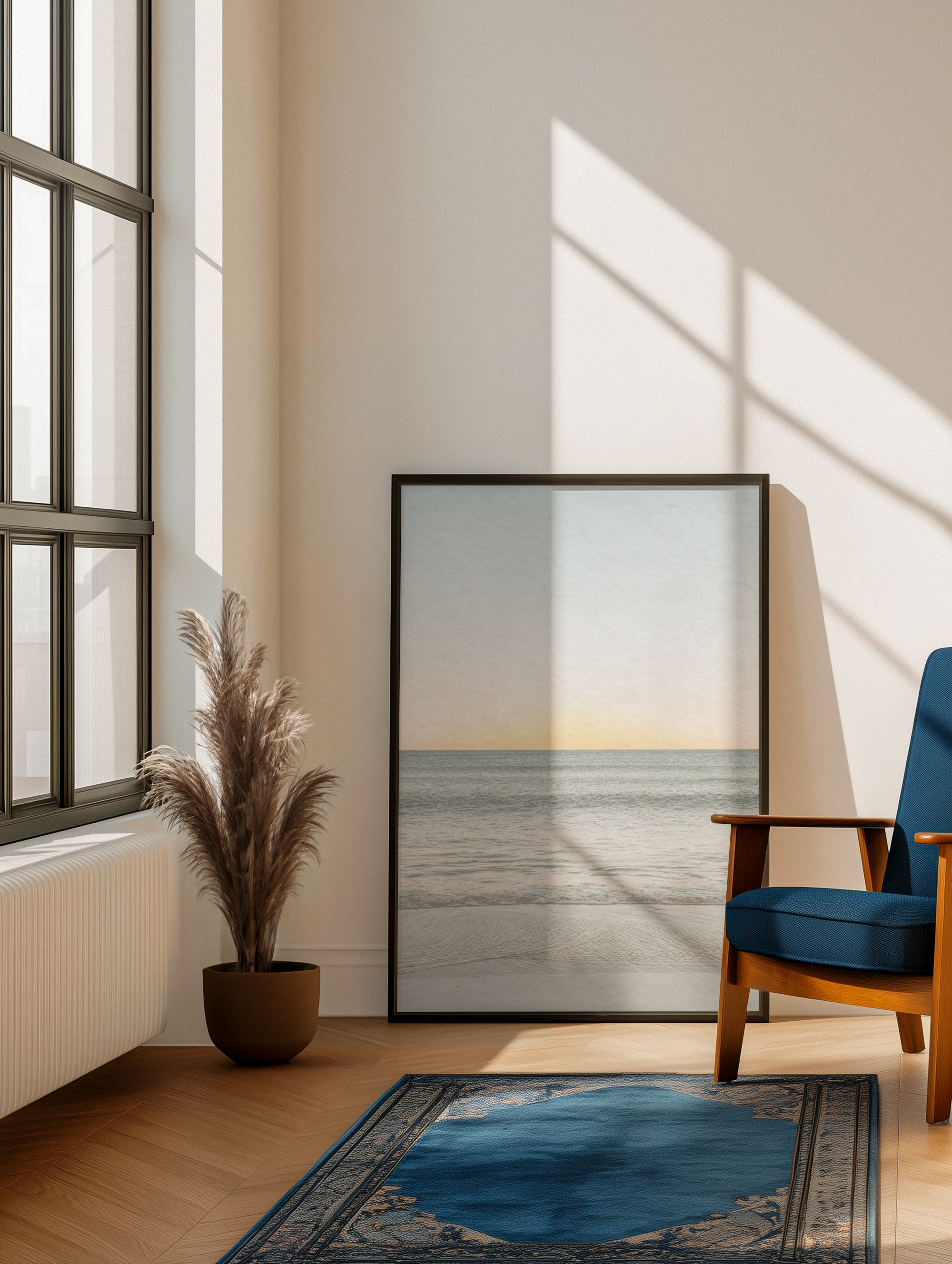 Front of a modern house with a two-car garage with wooden doors, stone and brick exterior, a staircase, and potted plants near the front entrance.