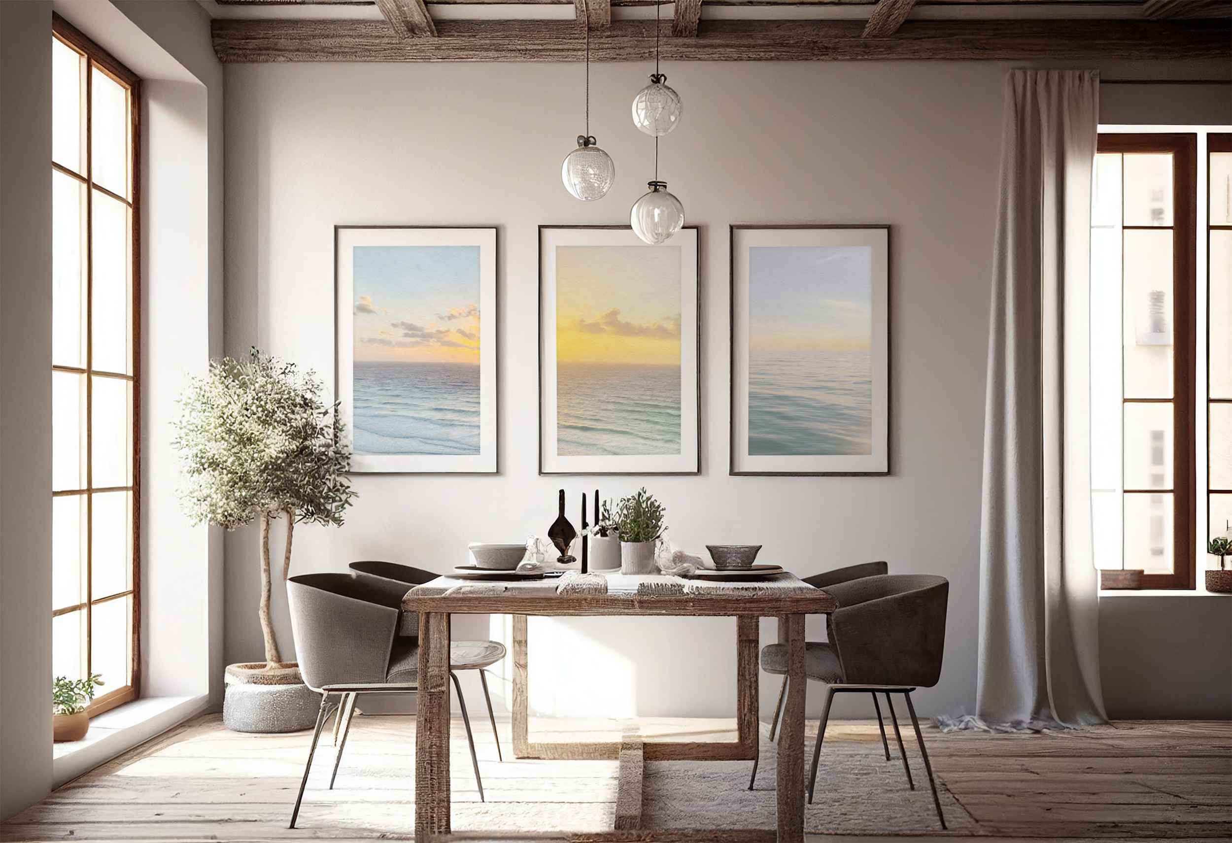 A dining room with a rustic wooden table, four chairs, a large window, three framed ocean sunset pictures on the wall, hanging pendant lights, a potted plant, and table settings including bowls, plates, and candles.