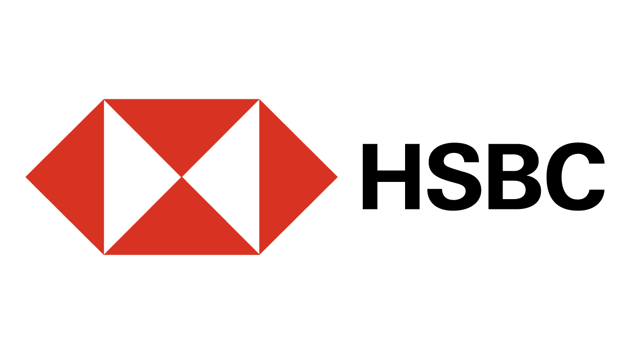 Logotipo de la marca HSBC en color rojo y negro, con un símbolo en forma de diamante y el texto 'HSBC' debajo.