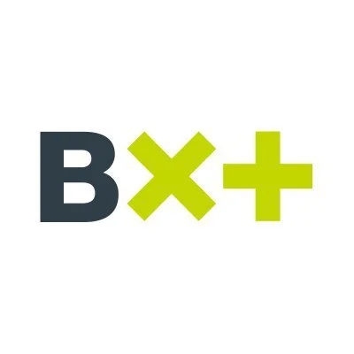 Logo con la letra 'B' en negro, una 'X' en verde neón y un símbolo de más en verde neón.
