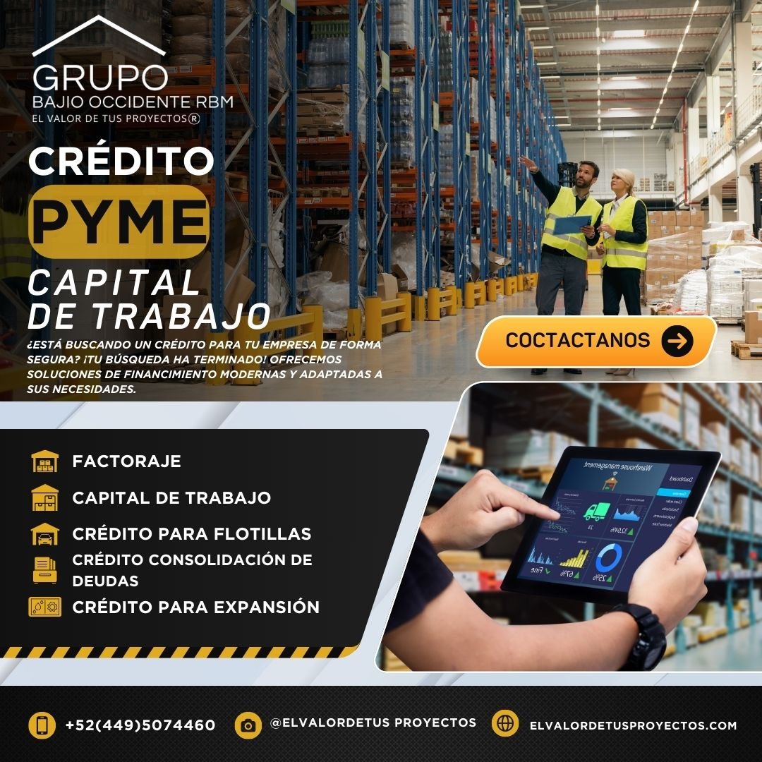 Anuncio de financiamiento para empresas y pymes en un almacén industrial con dos personas revisando inventario, y un teléfono con gráficos de datos.