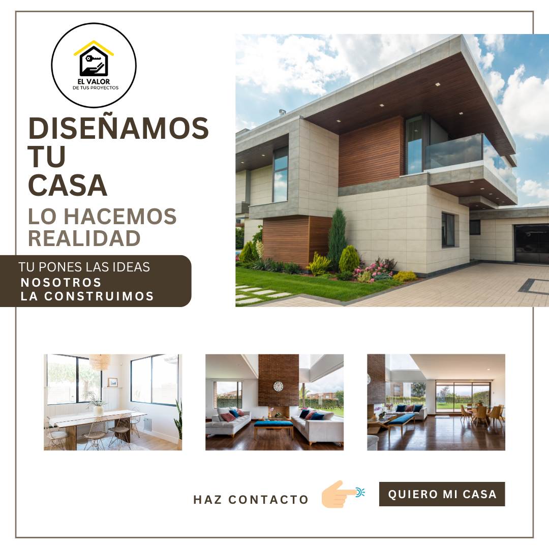 Imagen de una casa moderna con jardín y ventanas amplias. También hay tres fotos de interiores: una sala con ventanas grandes, otra sala con chimenea y muebles blancos, y una sala con vista al exterior y sillas de madera. Texto promocional sobre diseño y construcción de casas en español.