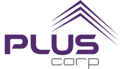 Logotipo de PLUS CORP con líneas en forma de techo