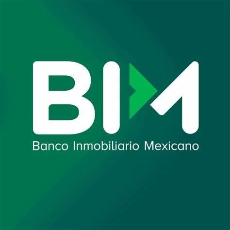Logotipo del Banco Inmobiliario Mexicano (BIM) en fondo verde con letras blancas y un símbolo en forma de flecha.
