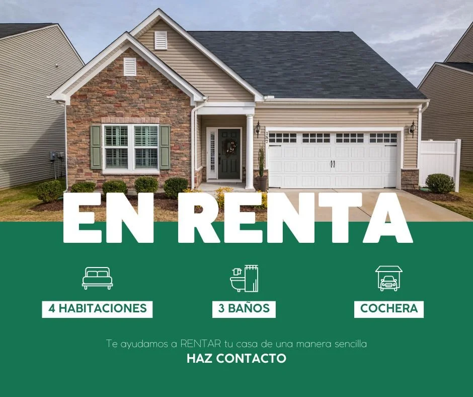 Anuncio de renta de casa con imagen de una casa moderna de una planta con ventanas grandes, jardín bien cuidado, y espacio para cochera, con información de 4 habitaciones, 3 baños y cochera, y un llamado a contactar para rentar.