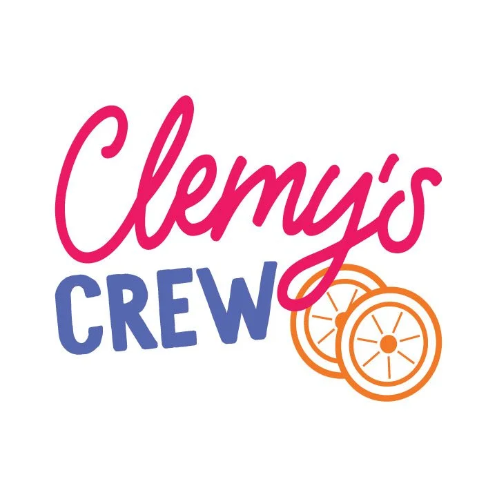 Graphic with pink cursive text 'Clemy's' and blue block text 'CREW' alongside two orange slices.