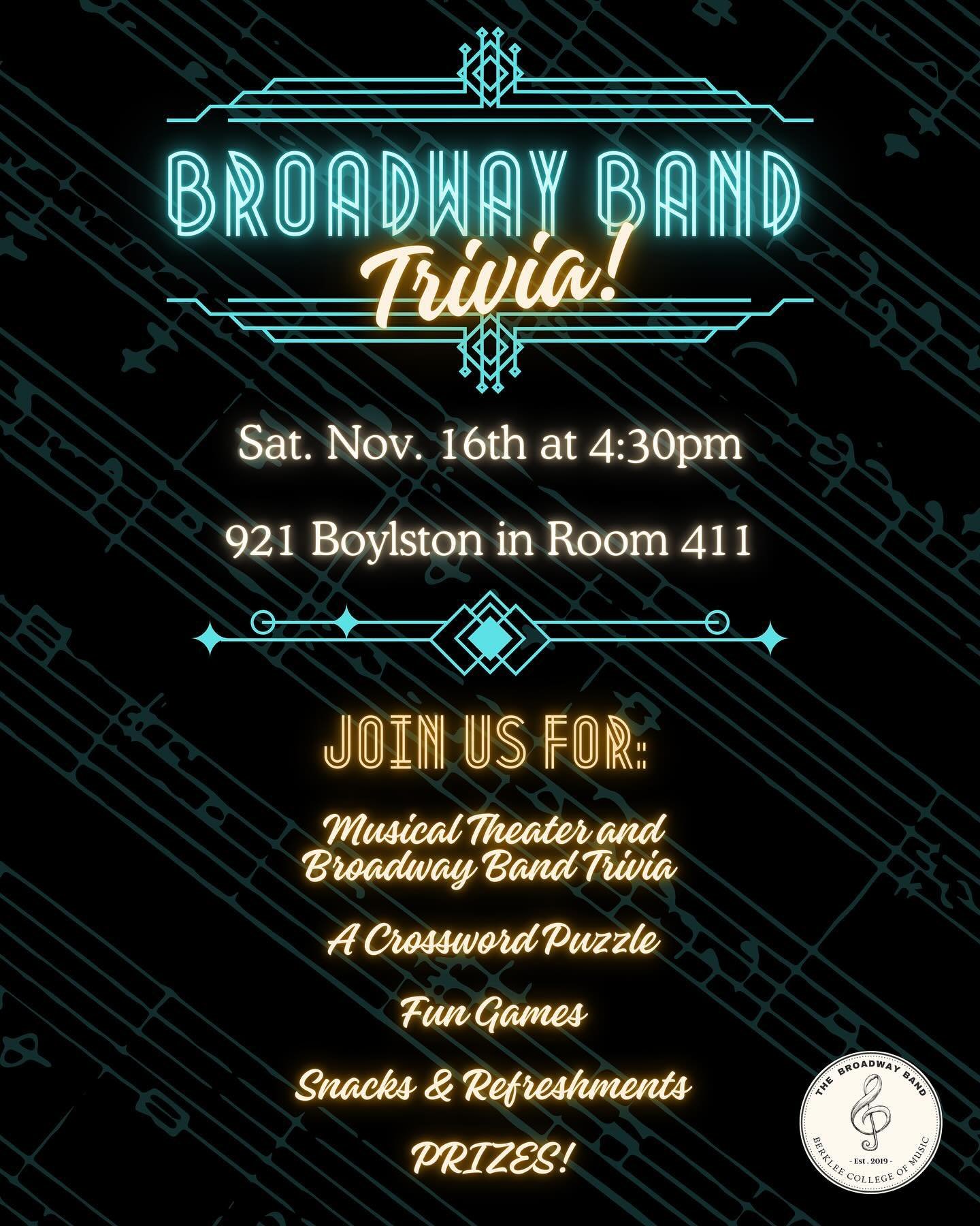 🎭 Think you know all about Musical Theater and The Broadway Band? 🎶

Join us this Saturday for musical theater and Broadway Band Kahoots, a crossword, and thrilling games!

📍 Where: 921 Boylston St., Room 411 🕓 When: 4:30 PM

Compete for prizes f