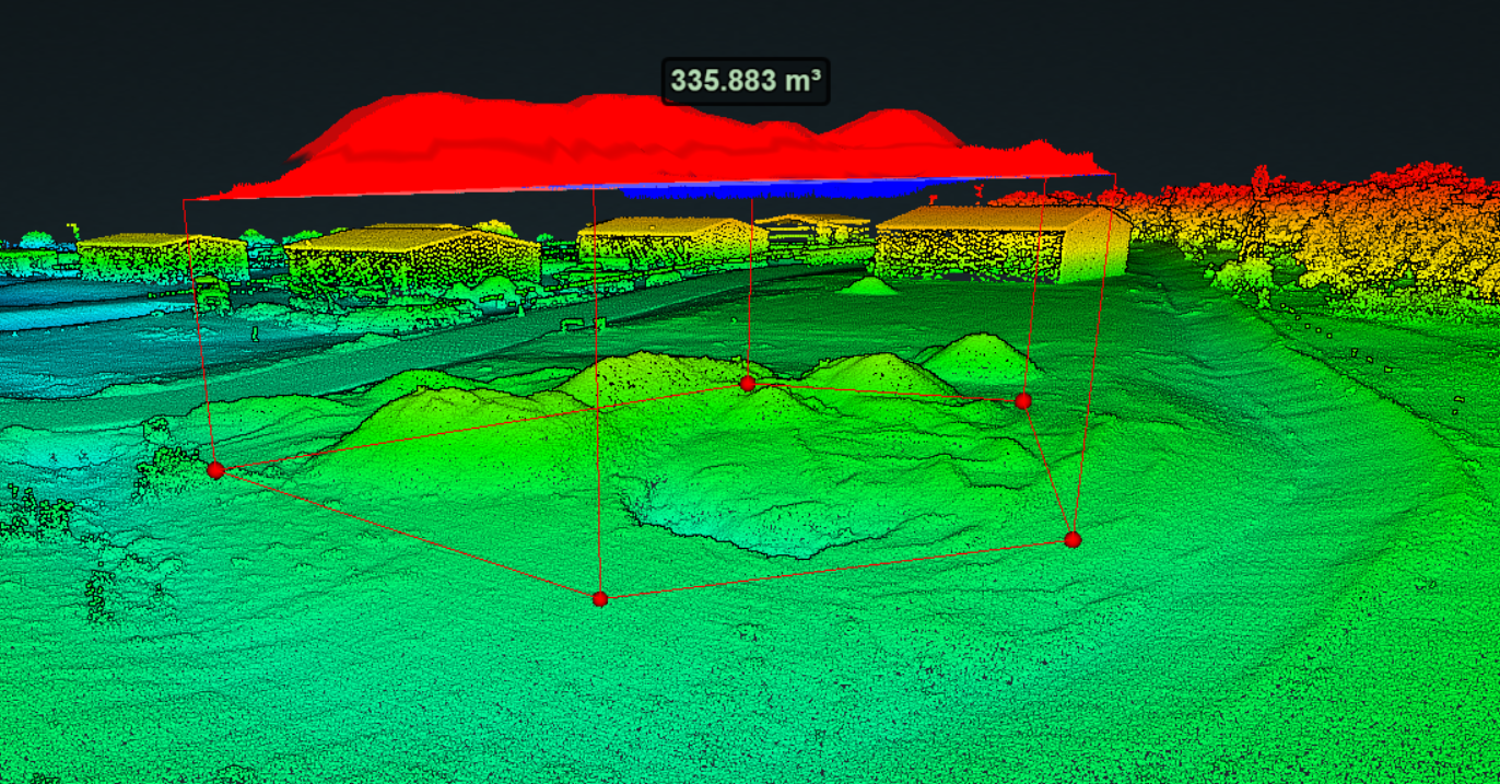 LiDAR-derived volumetric analysis showing cut-and-fill calculations for earthwork planning and material quantity verification.