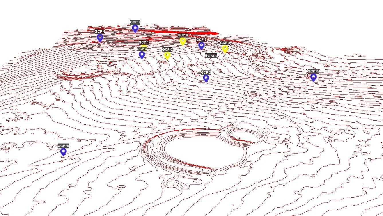 Aerial LiDAR-derived 1-foot contour map showing detailed terrain elevations and ground control points for site analysis and planning.