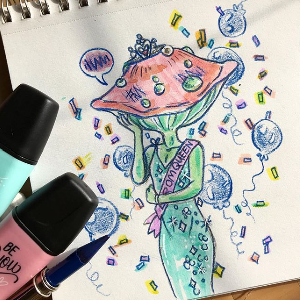 Colored Pencil and Highlighters, Personal Art, Mushroom Prom Queen