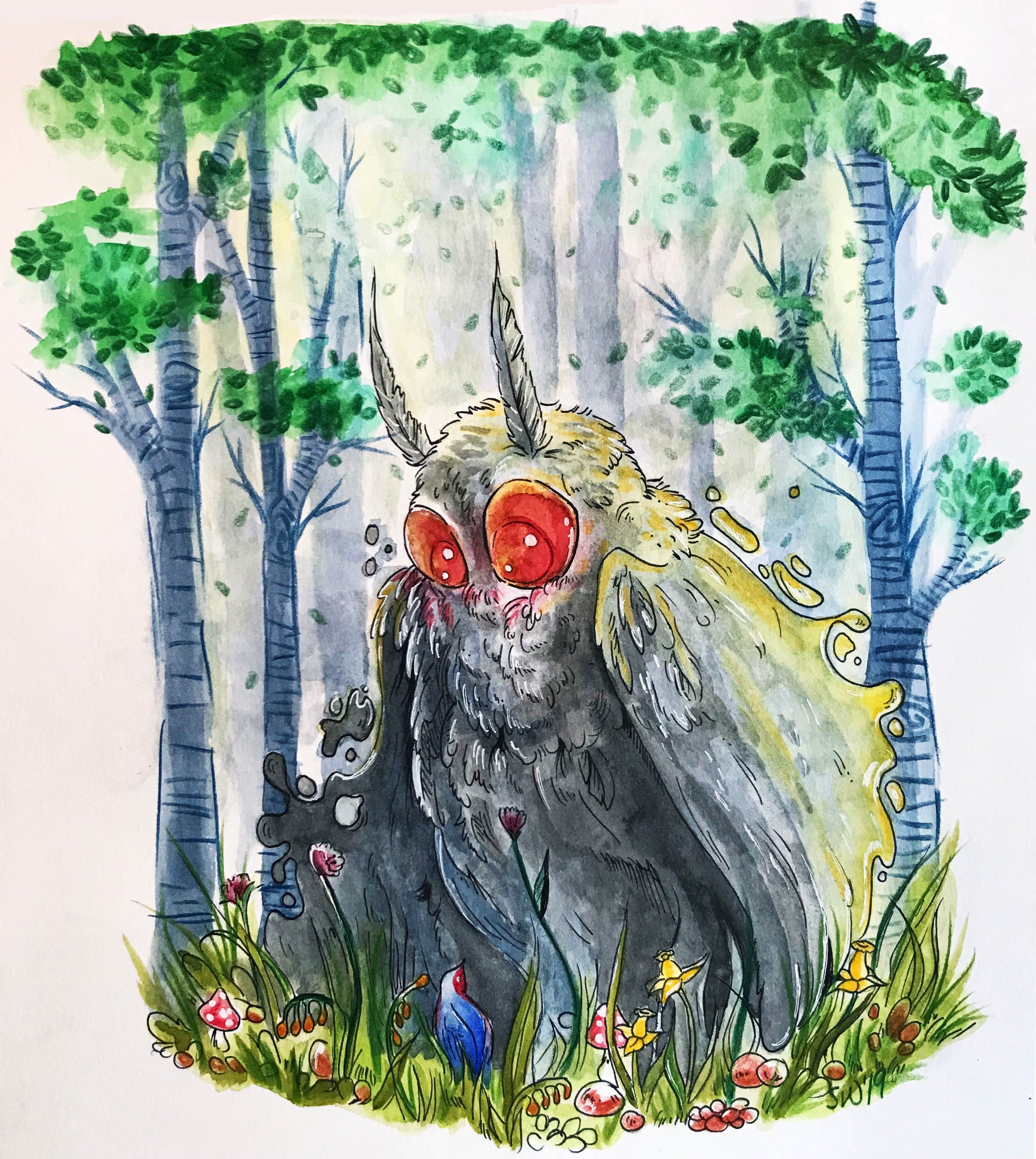Mothman with giant glittering eyes, as in a children's book illustration, in a glade looking down at a bird in the morning light.
