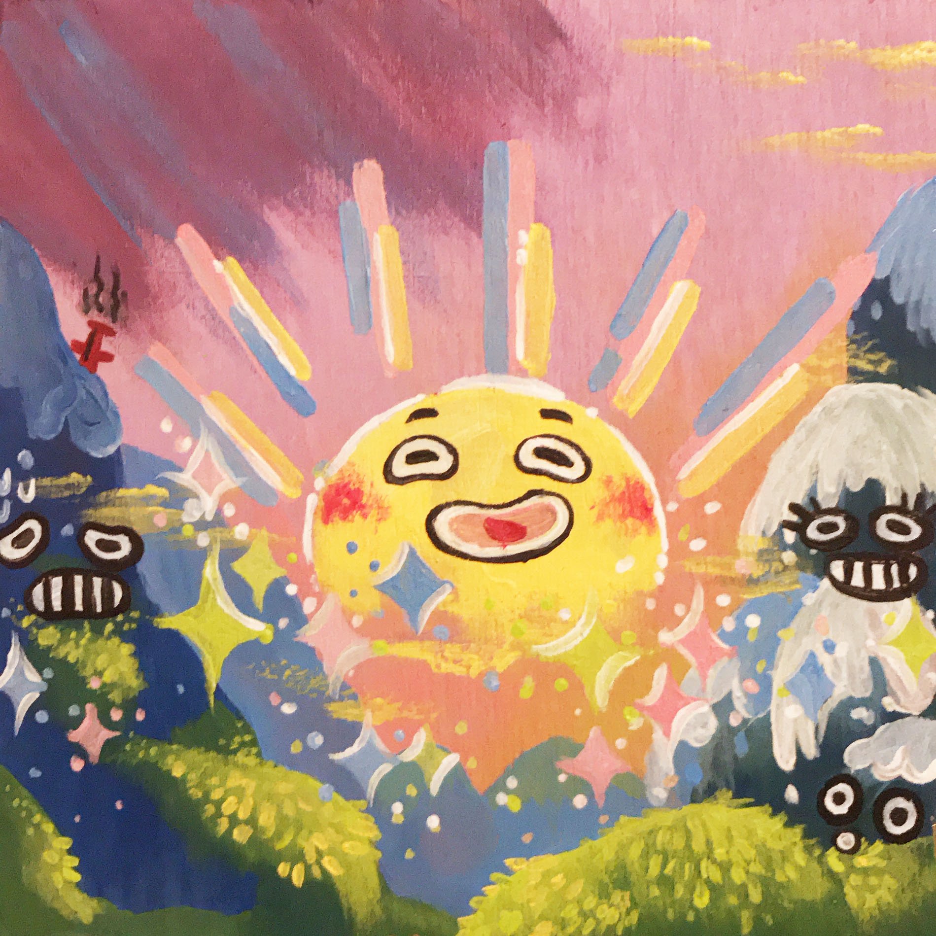 Acrylic on Wood, Personal Art of Mountains and a Sun with Faces