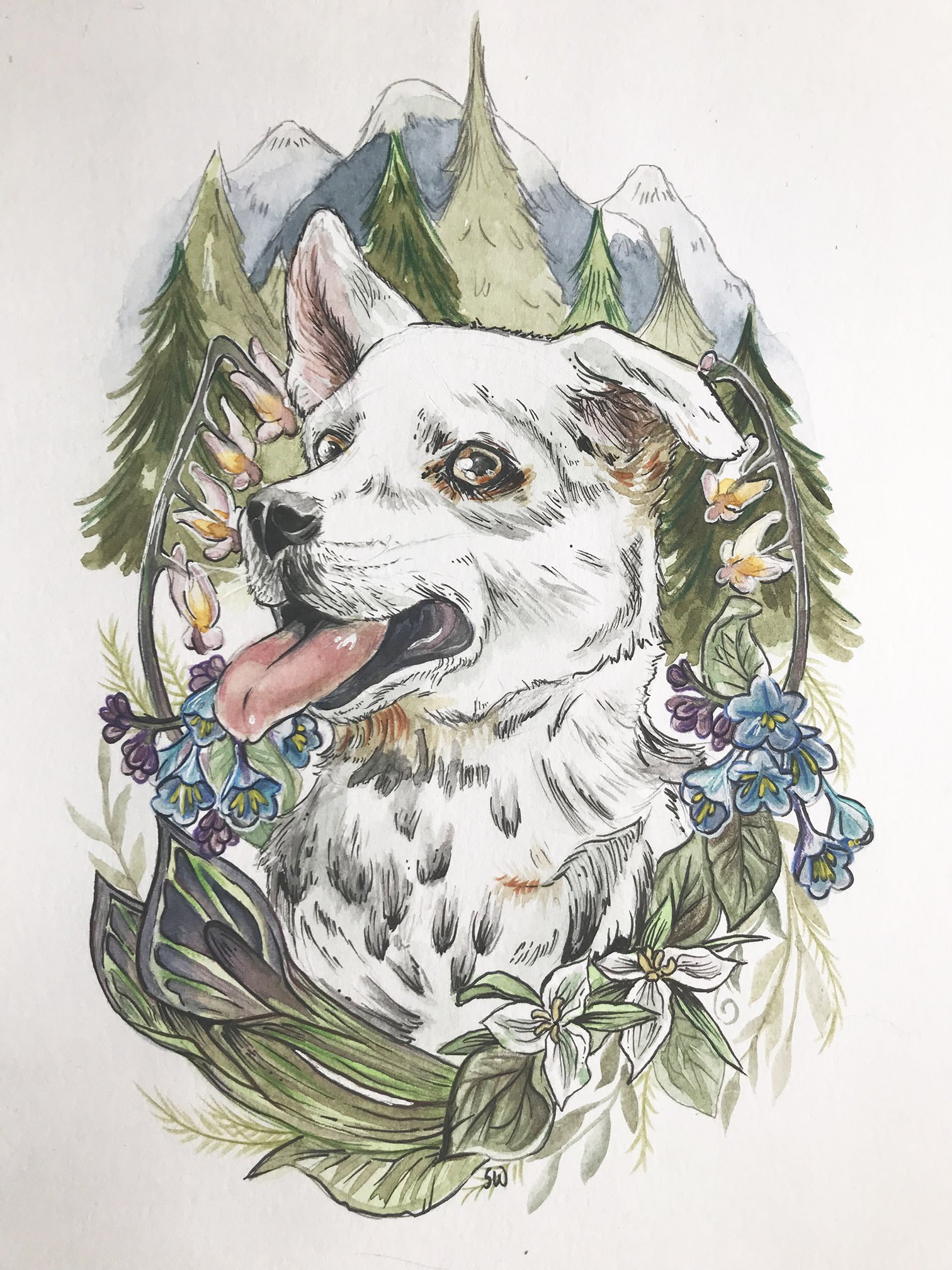 Watercolor/Mixed-Media, Memorial Painting of Pet With Mountains Flowers and Outdoor Theme