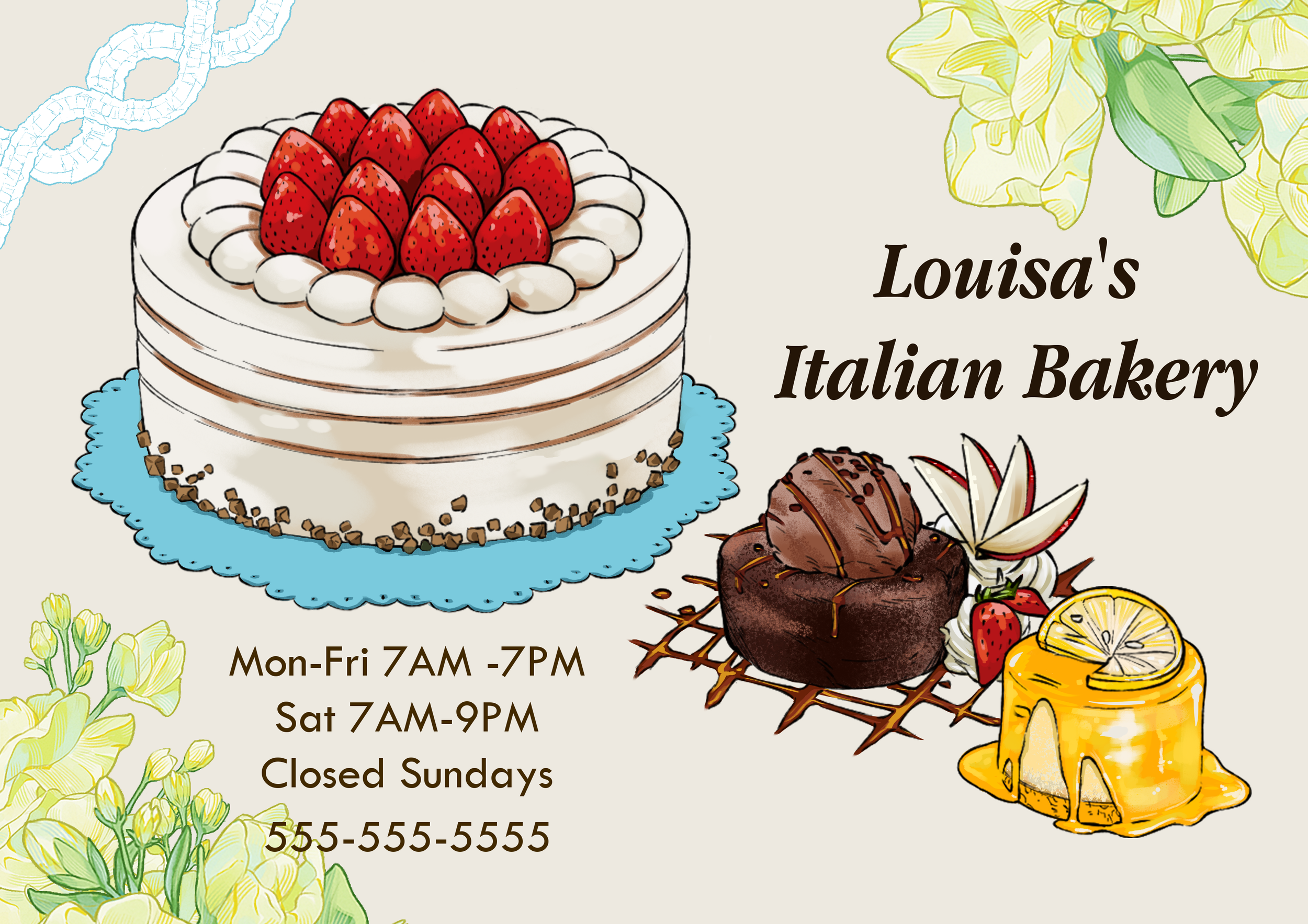 Digital Illustration of Cakes Offered for Louisa's Bakery