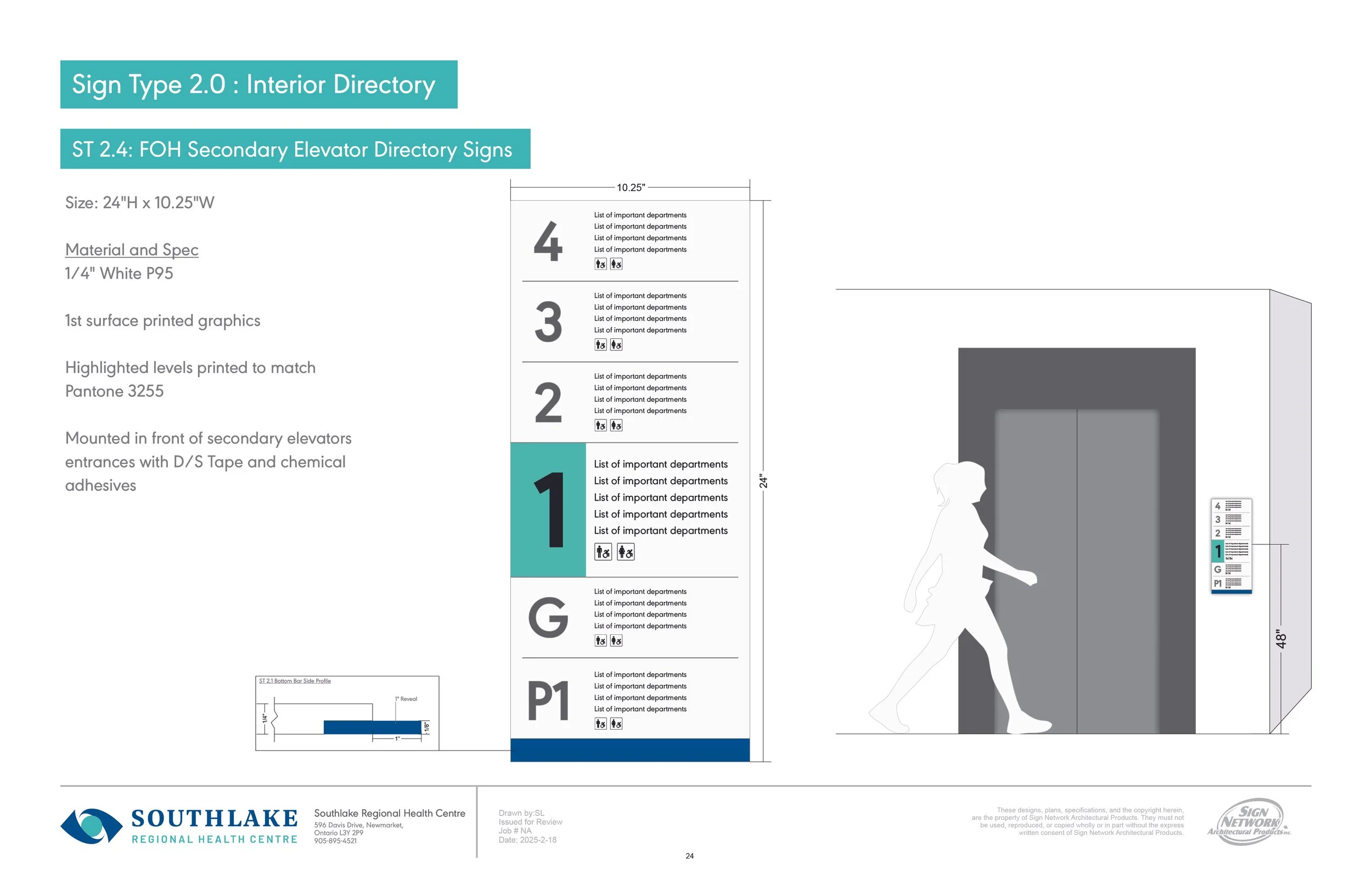 Design plan for an interior directory sign with color-coded levels for a hospital, showing floor numbers, department listings, and icons for amenities like restrooms and elevators, along with detailed specifications and dimensions.